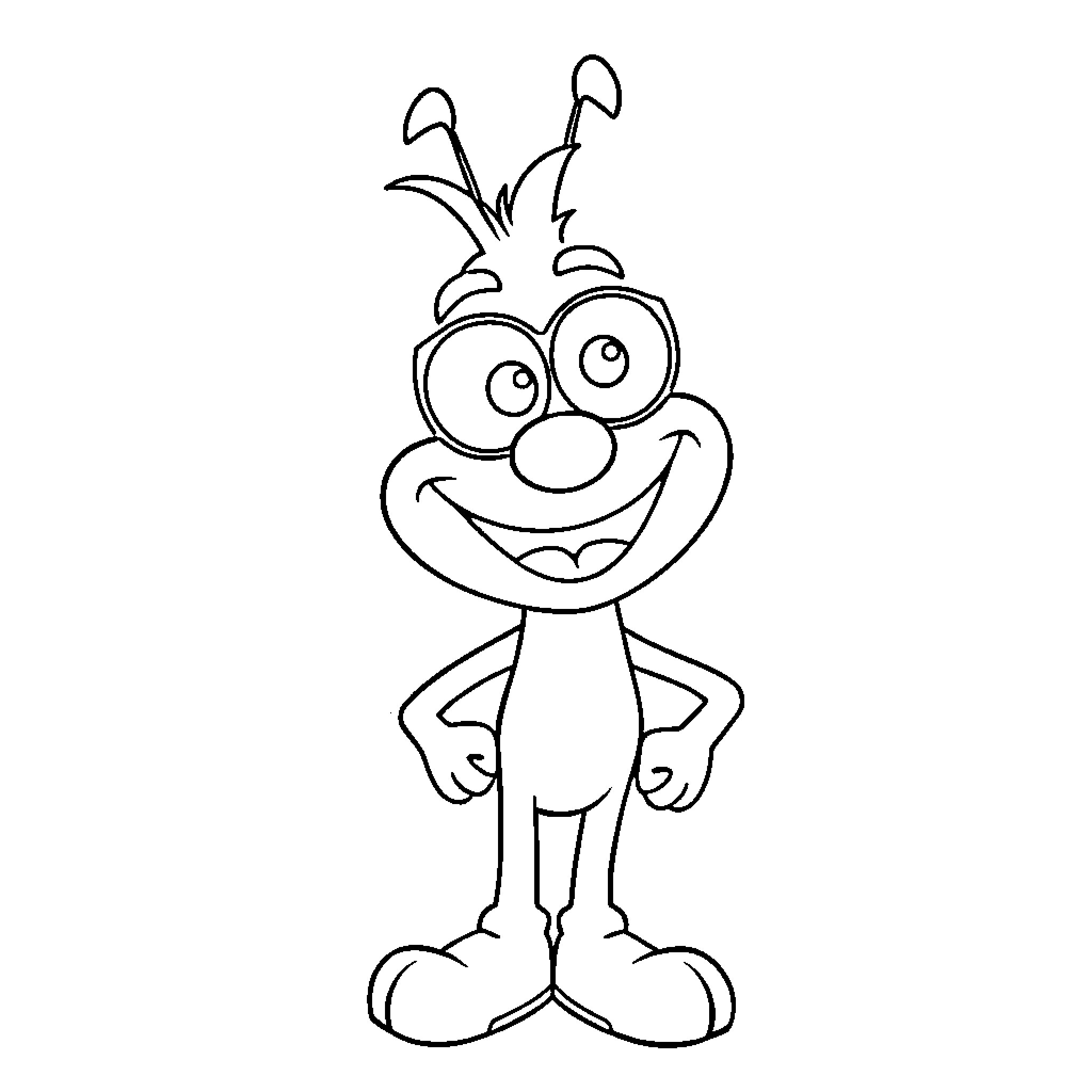 Spiffy Cartoon Character with Zany Expression Coloring Page (free black-and-white line drawing printable PDF for all, from beginners to advanced learners, including children, teens, adults, and seniors)