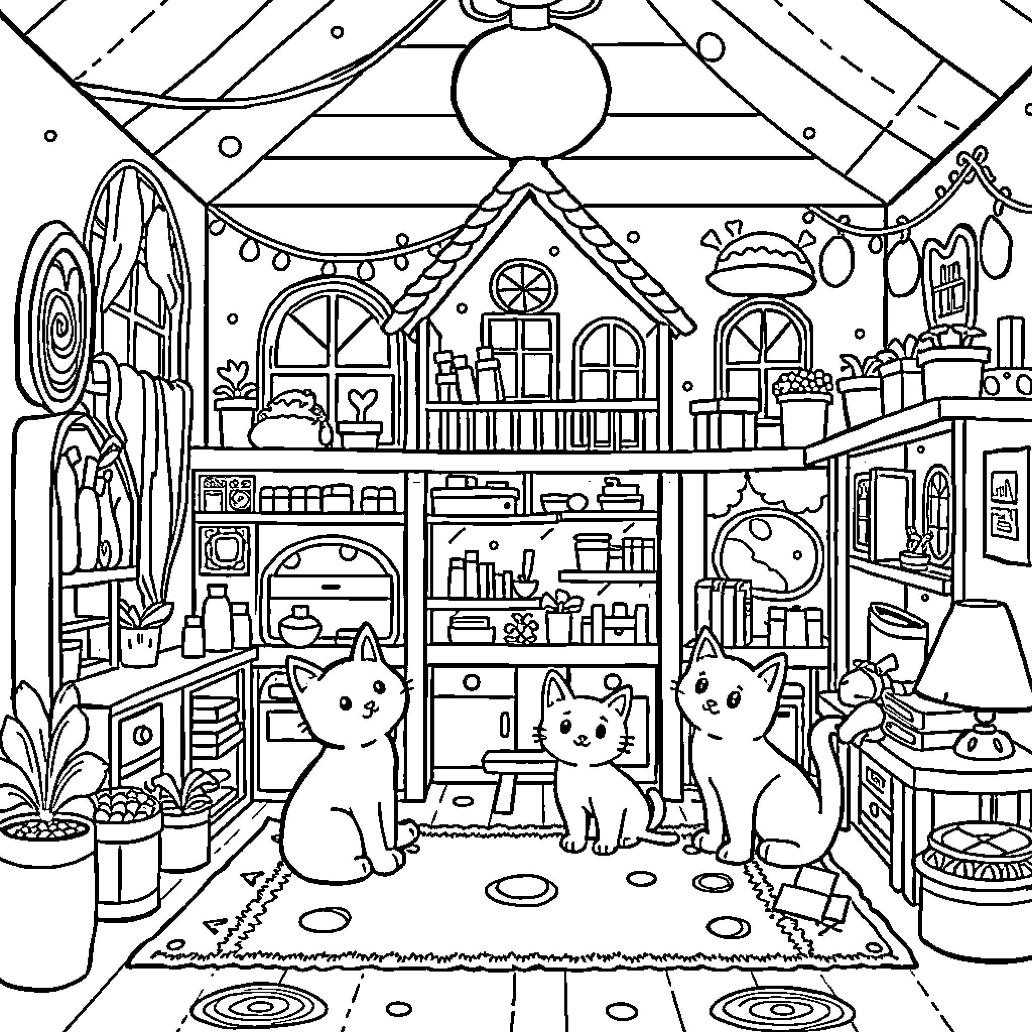 Gabby's Dollhouse: Cozy Feline Abode with Whimsical Decor Coloring Page (free black-and-white line drawing printable PDF for all, from beginners to advanced learners, including children, teens, adults, and seniors)