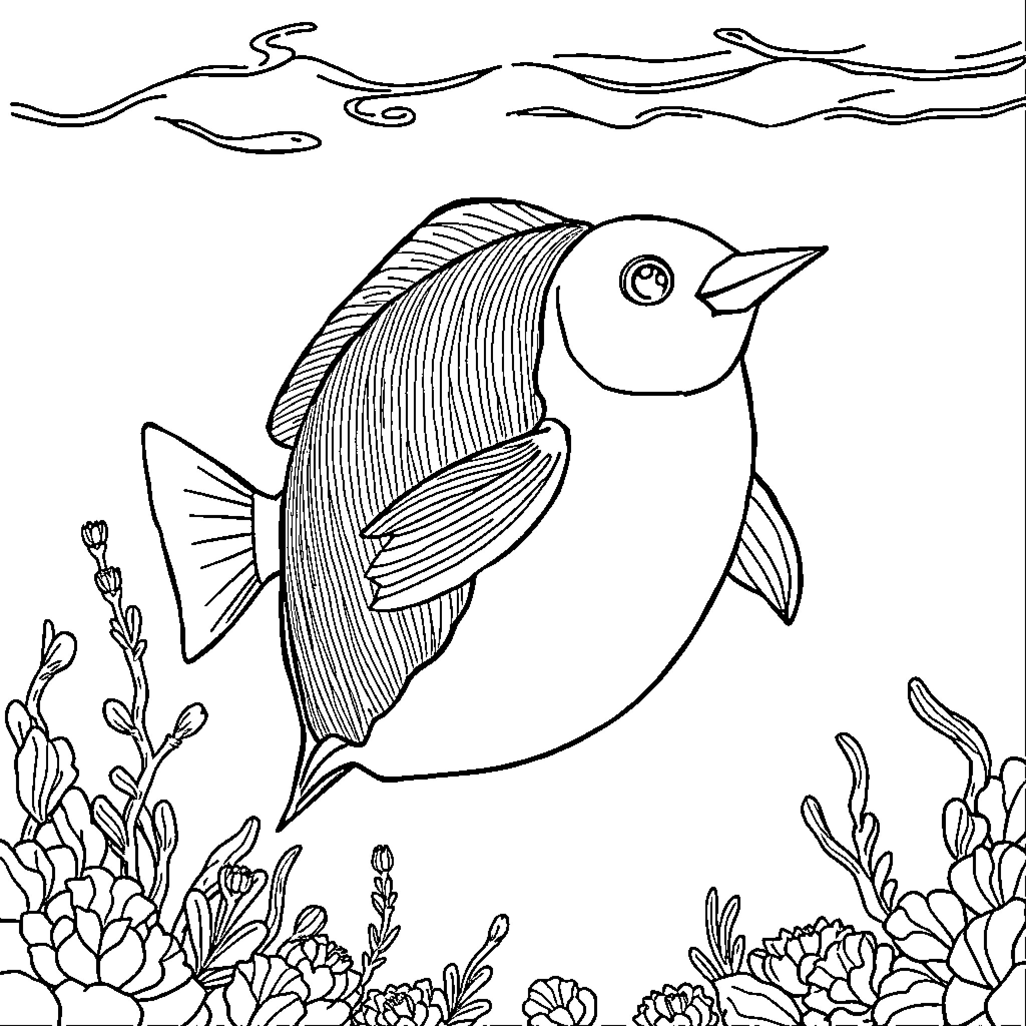 Fish swimming gracefully in the underwater garden Coloring Page (free black-and-white line drawing printable PDF for all, from beginners to advanced learners, including children, teens, adults, and seniors)