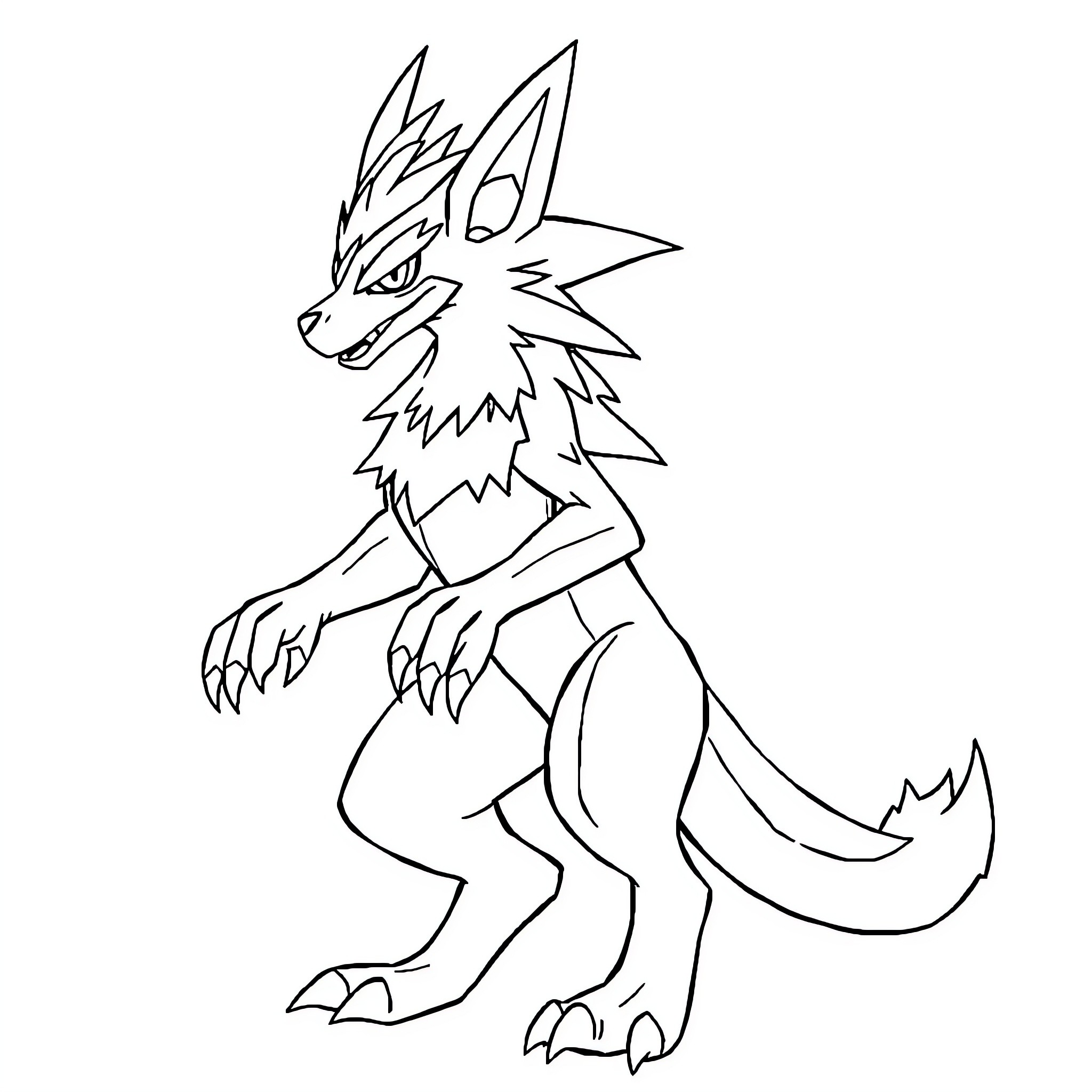 Lycanroc ready to pounce in action pose Coloring Page (free black-and-white line drawing printable PDF for all, from beginners to advanced learners, including children, teens, adults, and seniors)