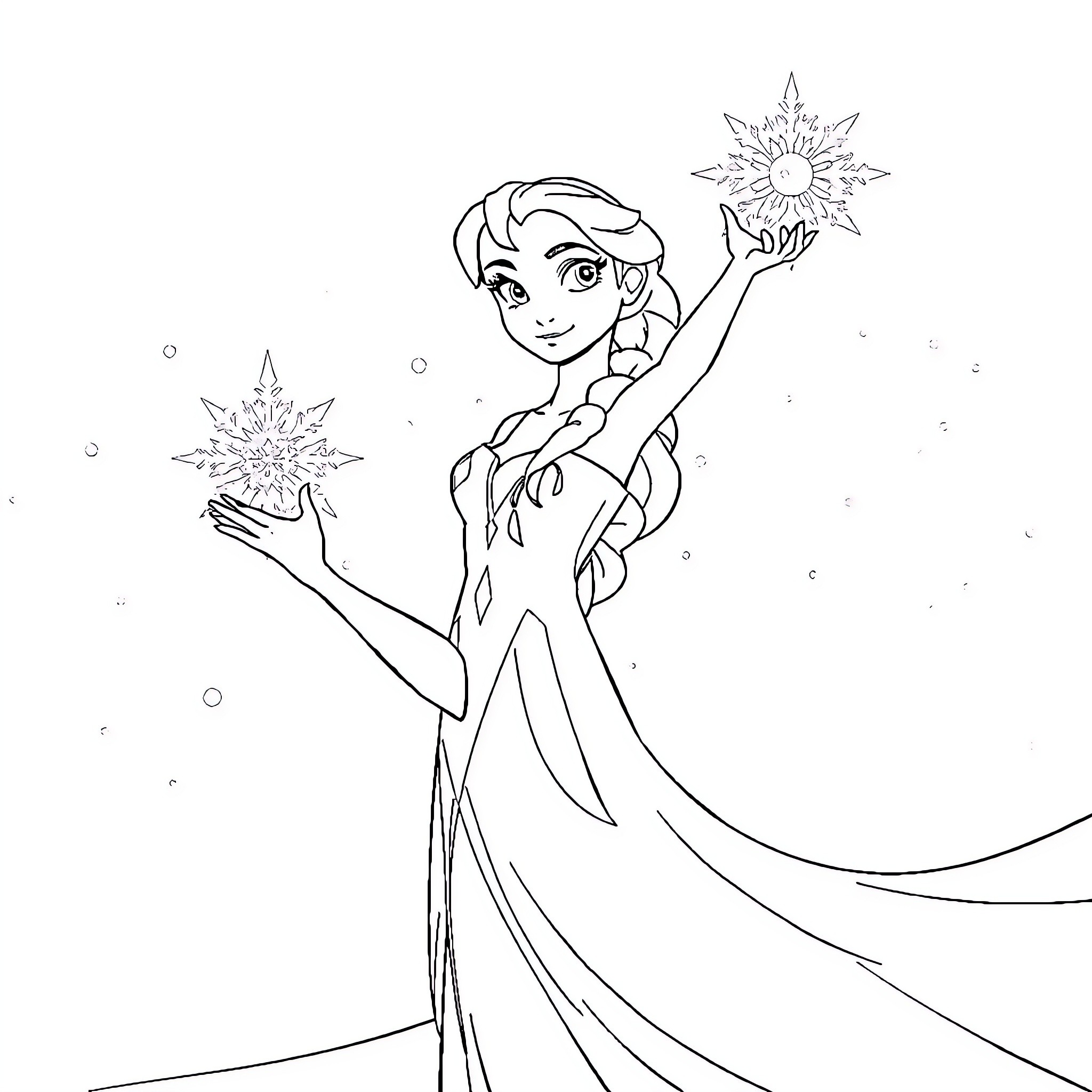 Elsa Wielding Magical Snowflakes Coloring Page (free black-and-white line drawing printable PDF for all, from beginners to advanced learners, including children, teens, adults, and seniors)