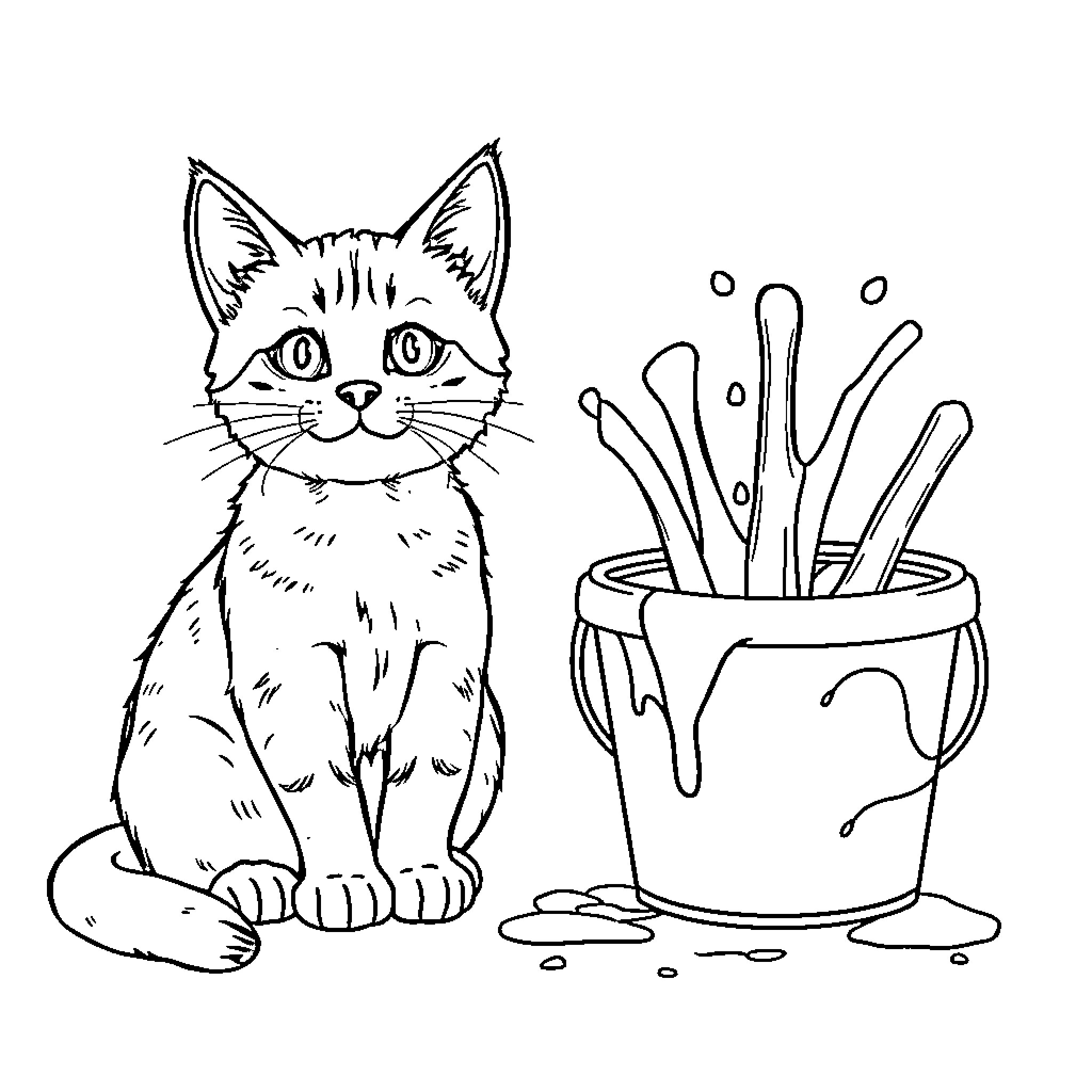 Cat sitting near a bucket of art supplies Coloring Page (free black-and-white line drawing printable PDF for all, from beginners to advanced learners, including children, teens, adults, and seniors)