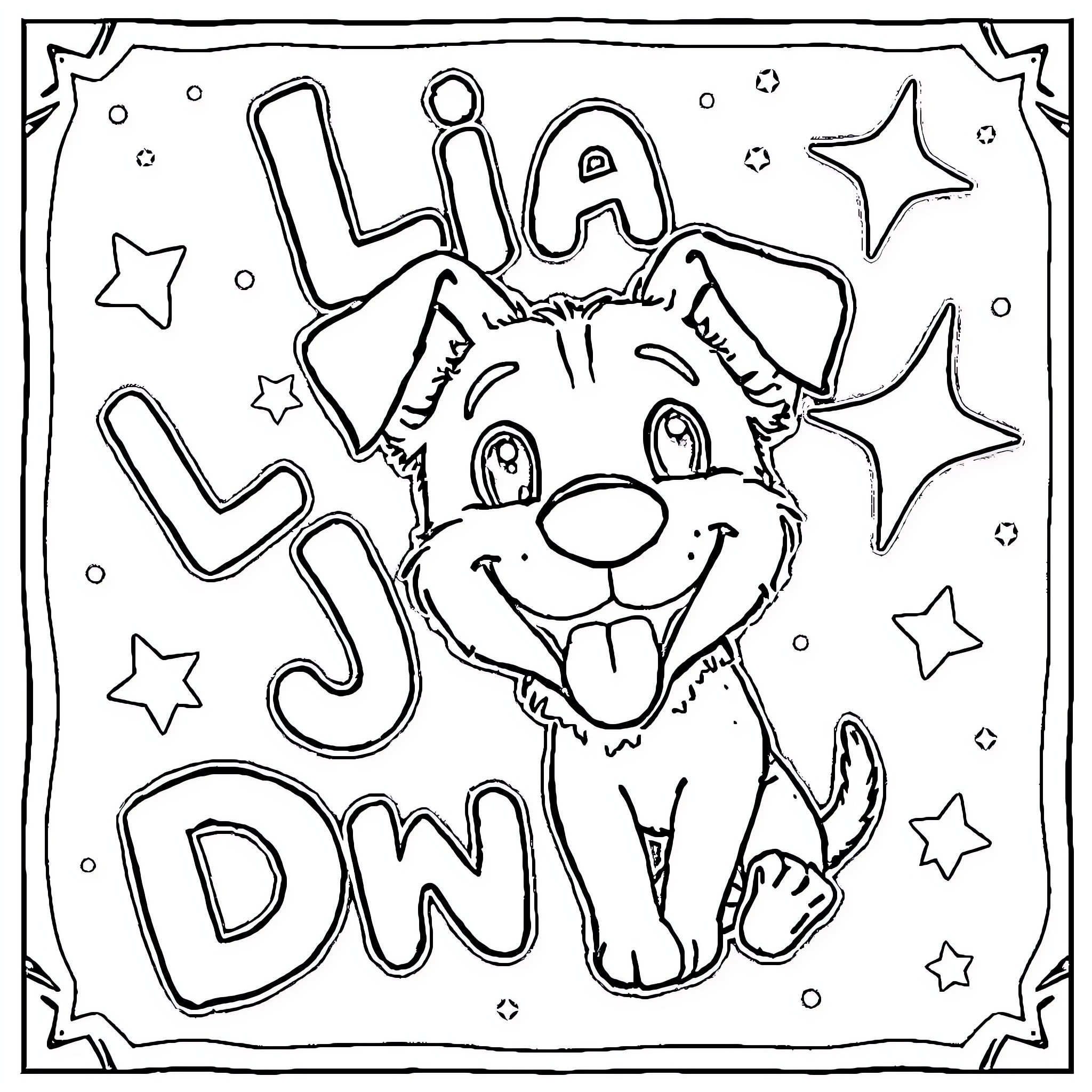 Dog playing joyfully with stars Coloring Page (free black-and-white line drawing printable PDF for all, from beginners to advanced learners, including children, teens, adults, and seniors)