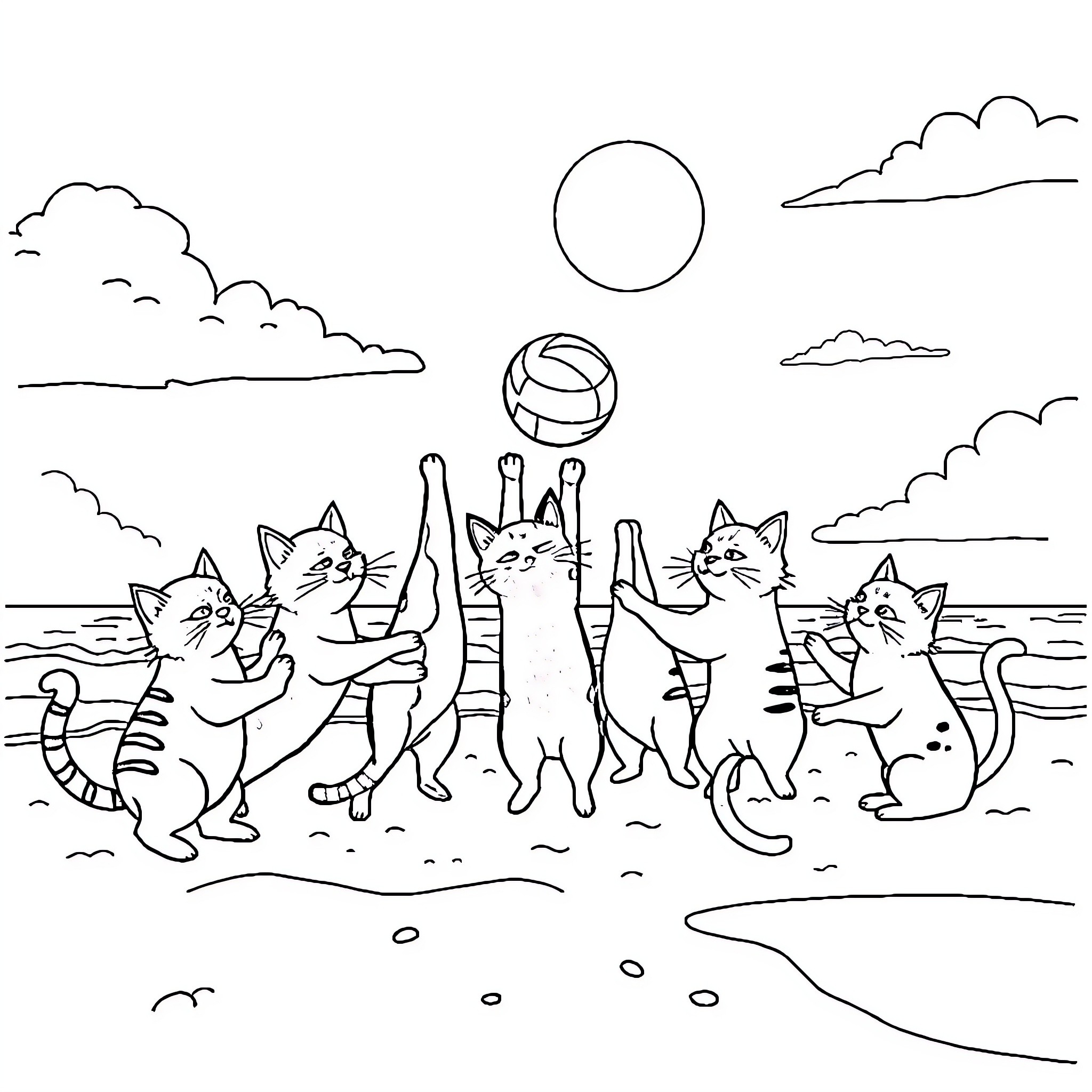 Cats playing together on the beach Coloring Page (free black-and-white line drawing printable PDF for all, from beginners to advanced learners, including children, teens, adults, and seniors)