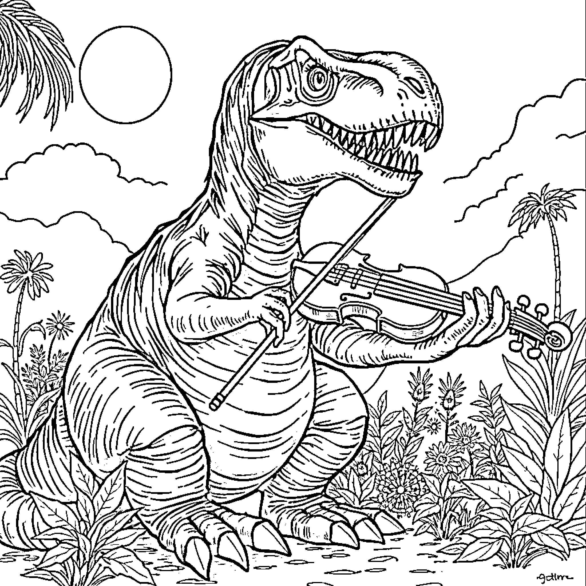 T-Rex Playing a Violin in a Tropical Landscape Coloring Page (free black-and-white line drawing printable PDF for all, from beginners to advanced learners, including children, teens, adults, and seniors)