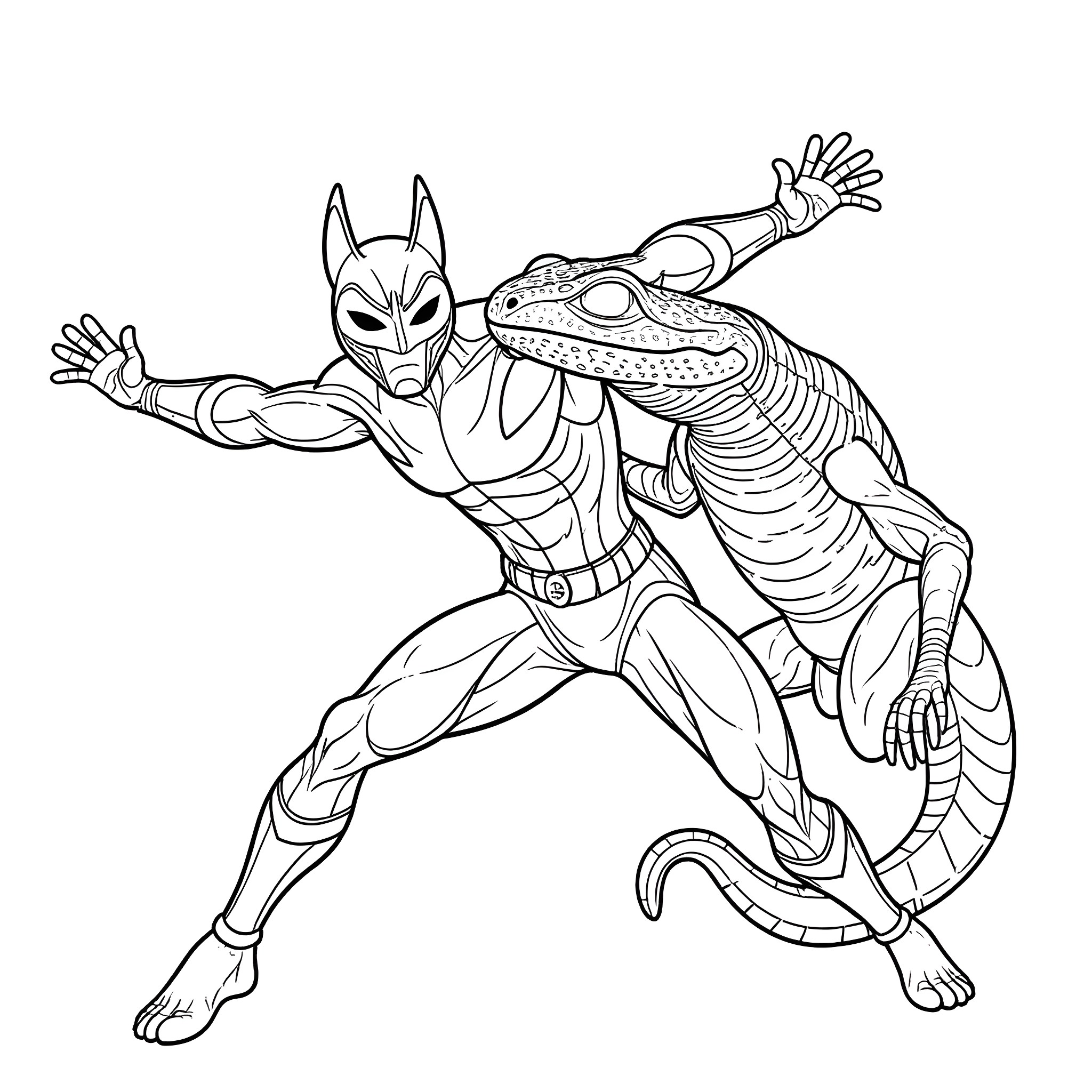 Cat Man in Heroic Pose Battling Ferocious Snake Creature Coloring Page (free black-and-white line drawing printable PDF for all, from beginners to advanced learners, including children, teens, adults, and seniors)