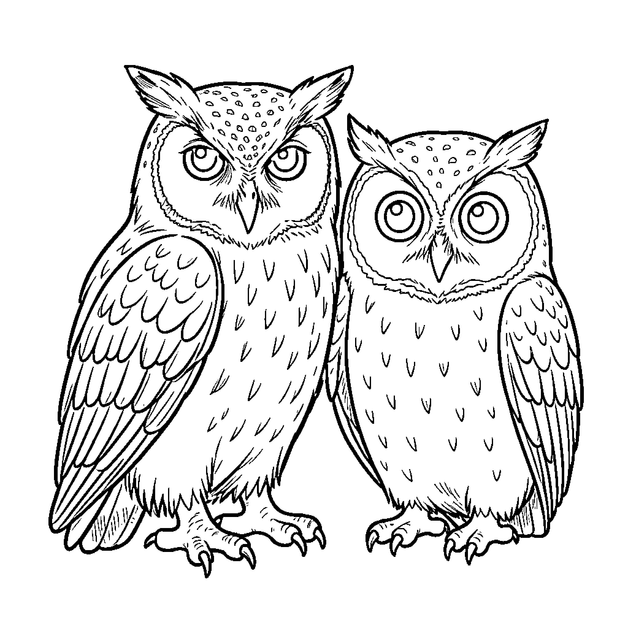 Owls perched on a branch Coloring Page (free black-and-white line drawing printable PDF for all, from beginners to advanced learners, including children, teens, adults, and seniors)
