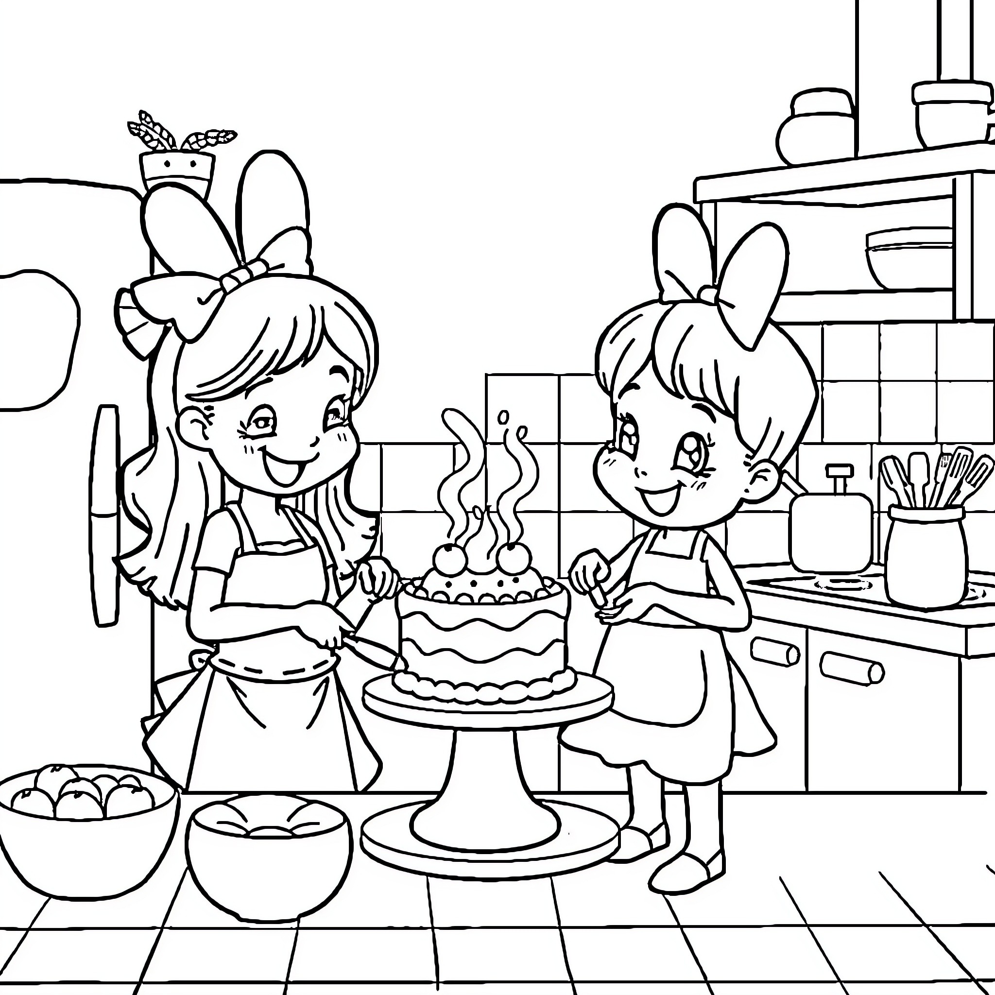 Pastelito Friends Baking Together in the Kitchen Coloring Page (free black-and-white line drawing printable PDF for all, from beginners to advanced learners, including children, teens, adults, and seniors)