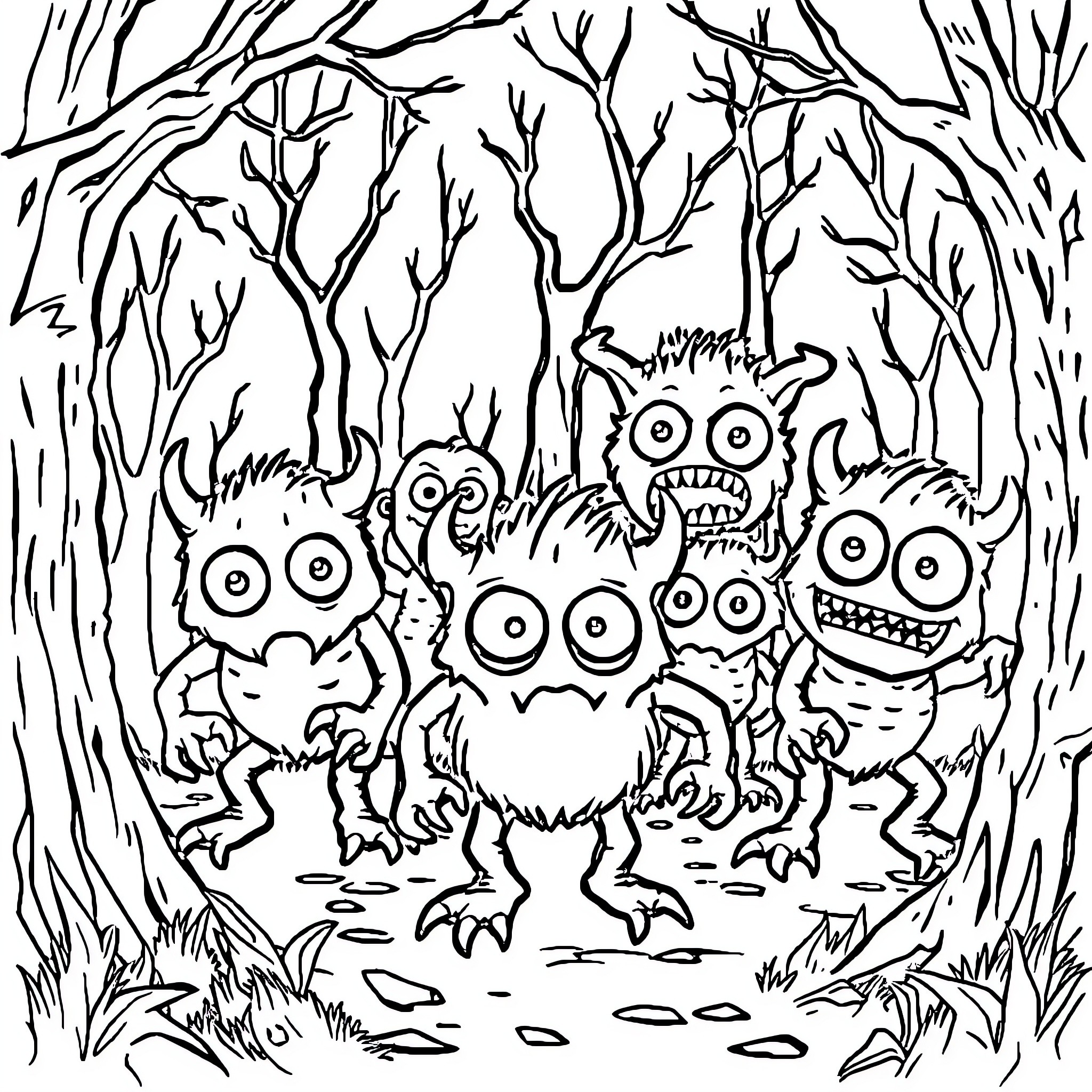 Monster Creatures in Spooky Forest Coloring Page (free black-and-white line drawing printable PDF for all, from beginners to advanced learners, including children, teens, adults, and seniors)