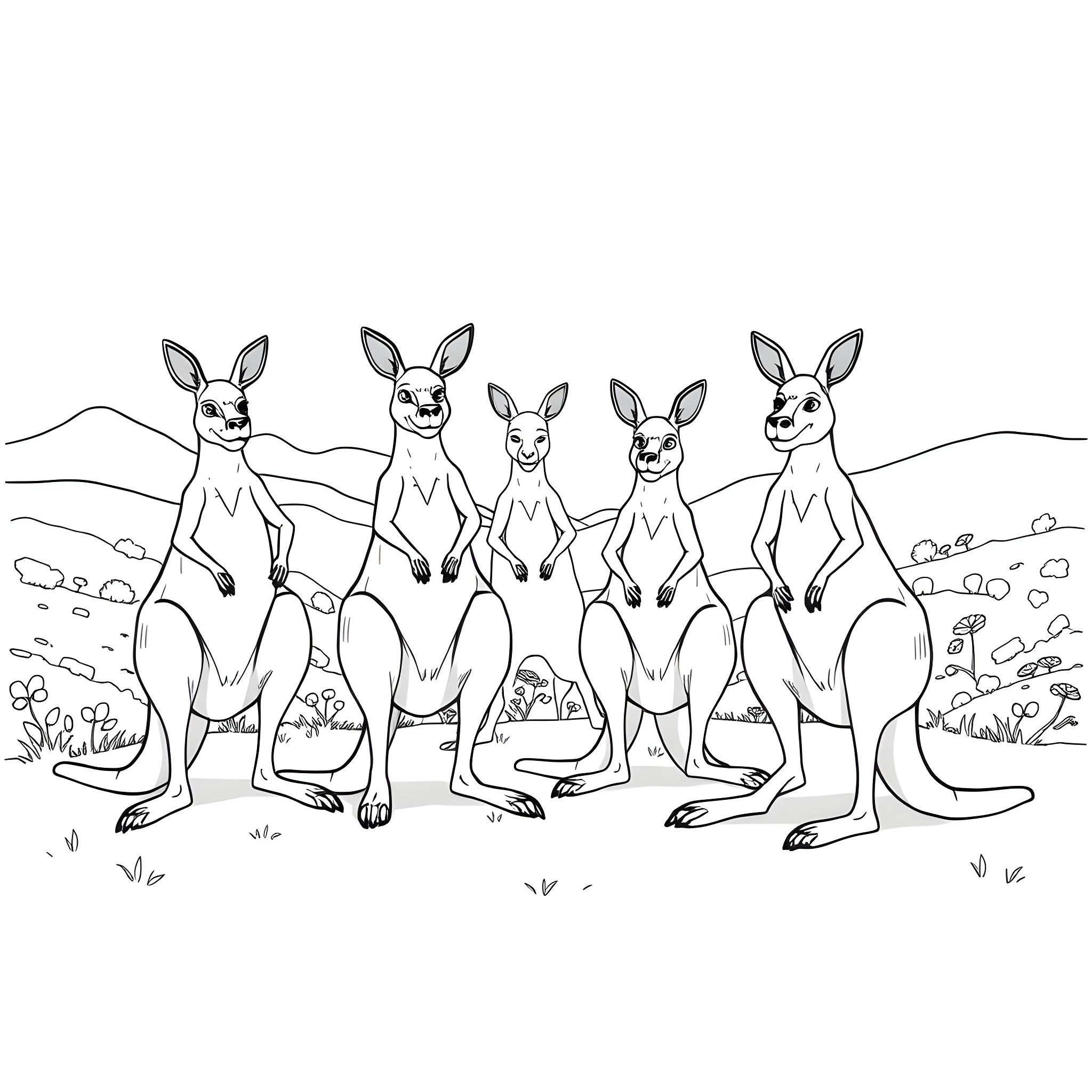 Kangaroos standing in the wilderness Coloring Page (free black-and-white line drawing printable PDF for all, from beginners to advanced learners, including children, teens, adults, and seniors)