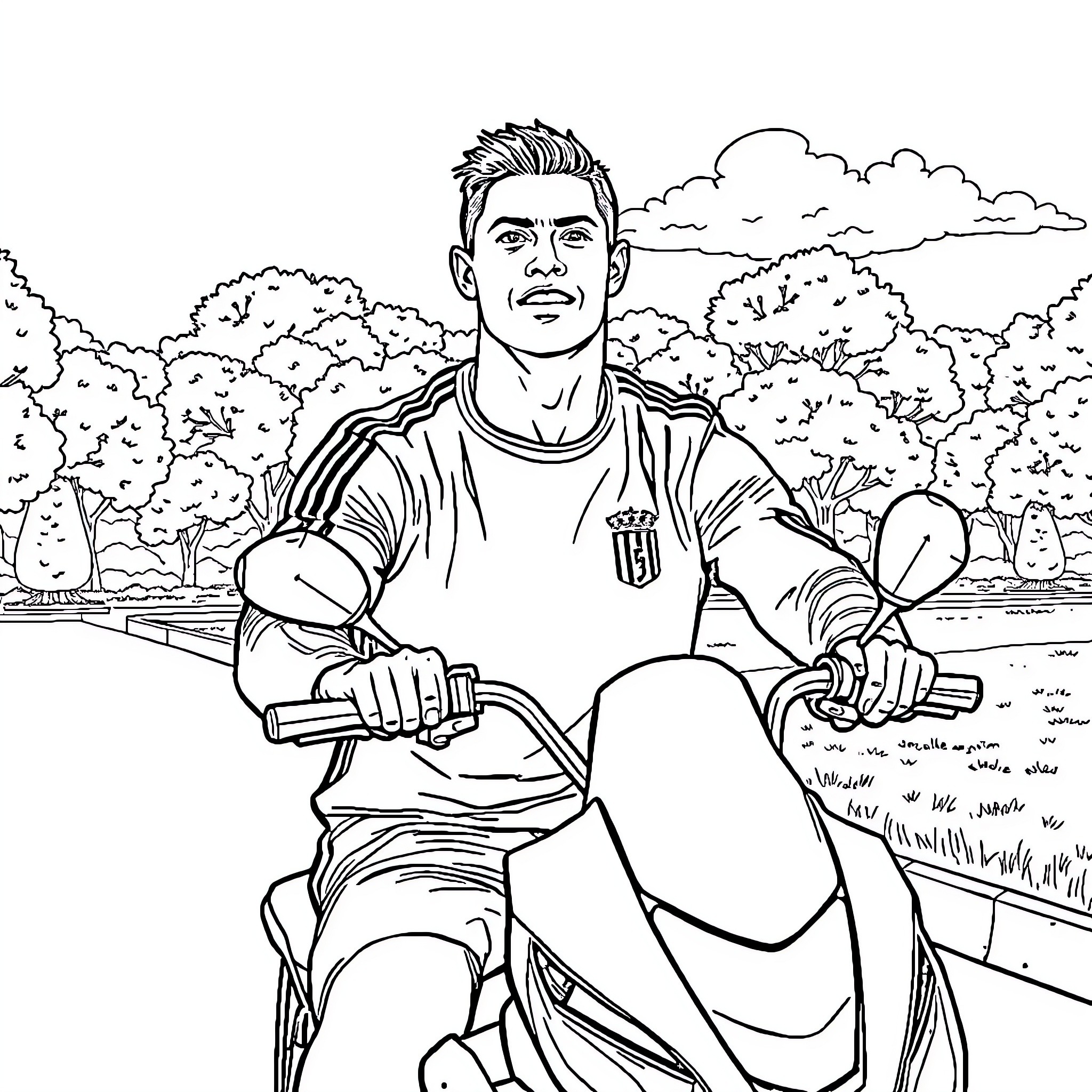 Cristiano Ronaldo riding a motorcycle in the countryside Coloring Page (free black-and-white line drawing printable PDF for all, from beginners to advanced learners, including children, teens, adults, and seniors)