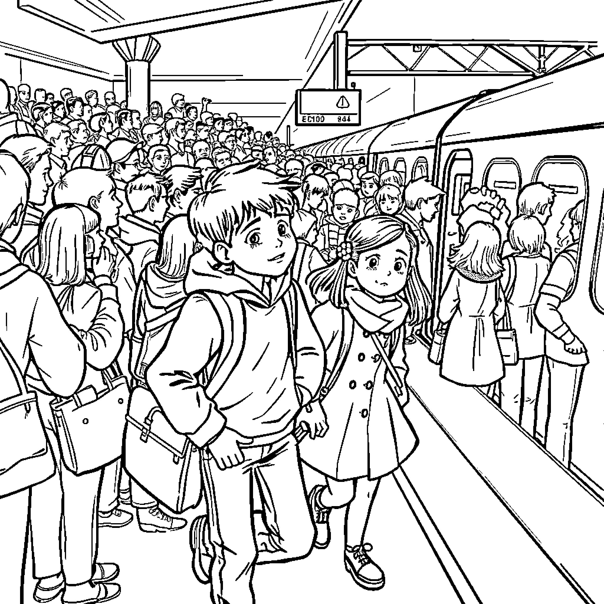 Couple in a crowded train station Coloring Page (free black-and-white line drawing printable PDF for all, from beginners to advanced learners, including children, teens, adults, and seniors)