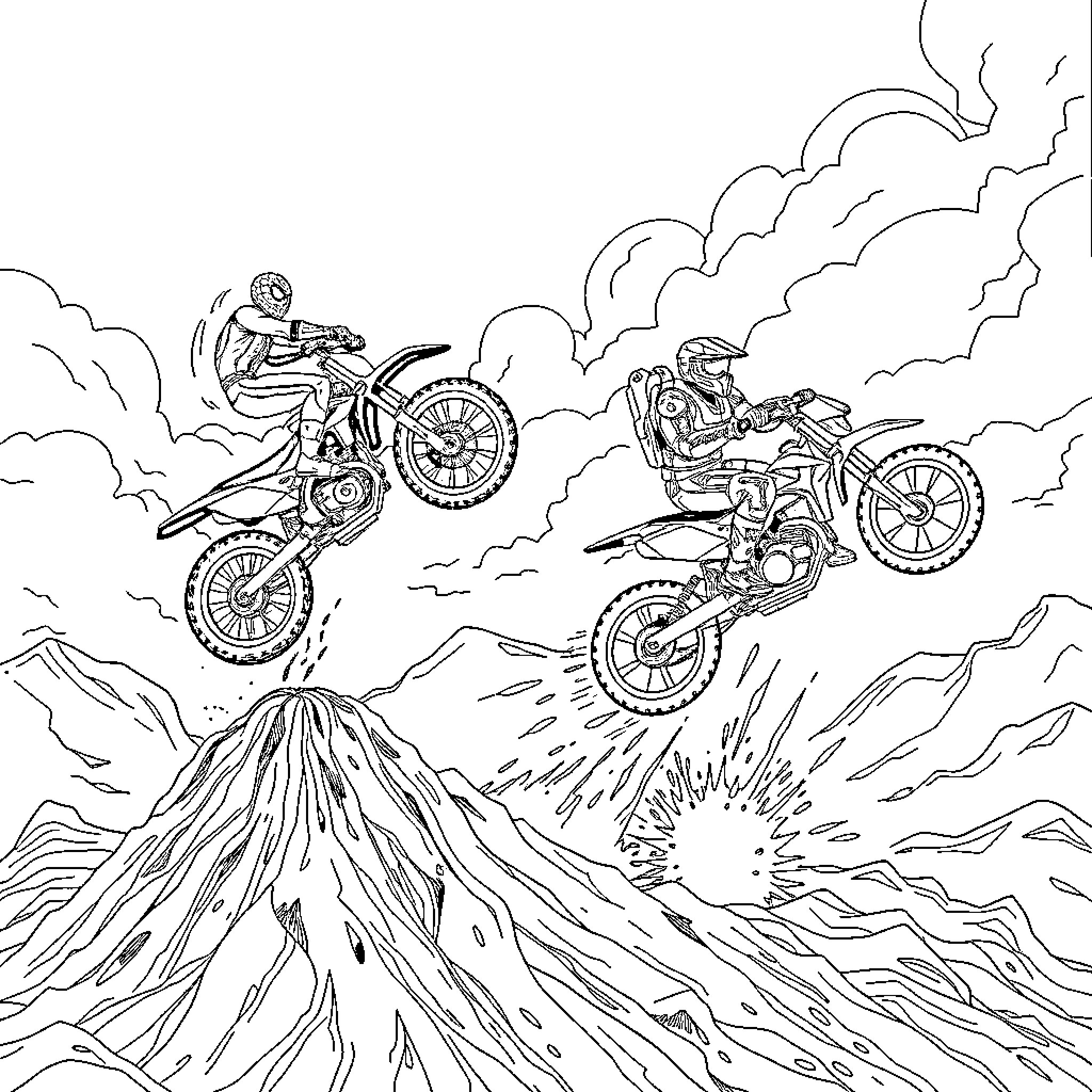 Dirt Bike Stunts in a Mountainous Landscape Coloring Page (free black-and-white line drawing printable PDF for all, from beginners to advanced learners, including children, teens, adults, and seniors)