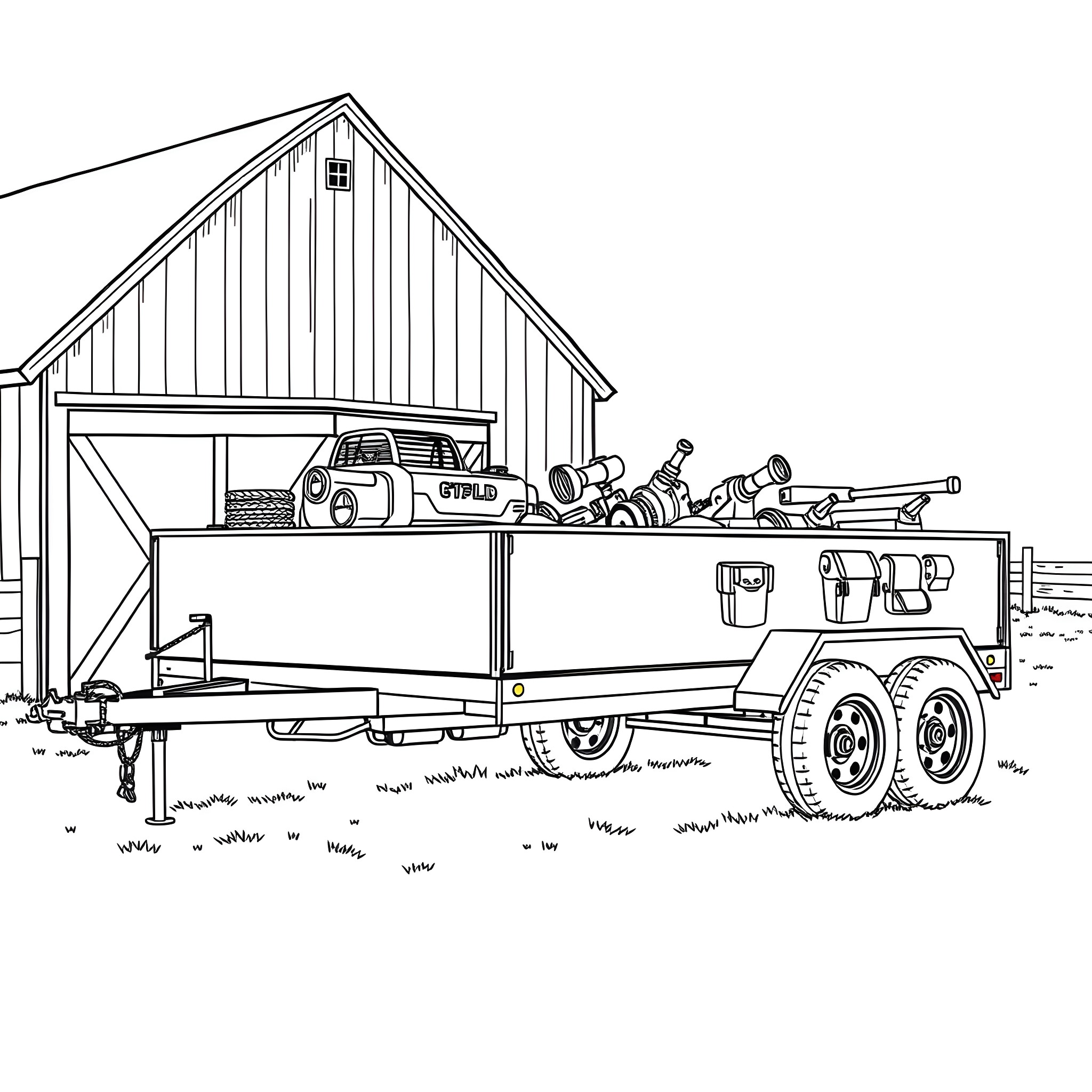 Gooseneck Trailer with Lawn and Garden Tools Coloring Page (free black-and-white line drawing printable PDF for all, from beginners to advanced learners, including children, teens, adults, and seniors)