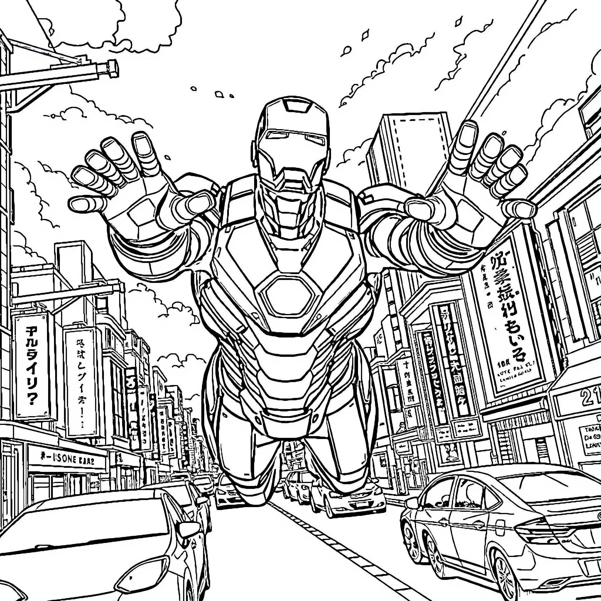 Iron Man Soaring Through the City Skyline Coloring Page (free black-and-white line drawing printable PDF for all, from beginners to advanced learners, including children, teens, adults, and seniors)