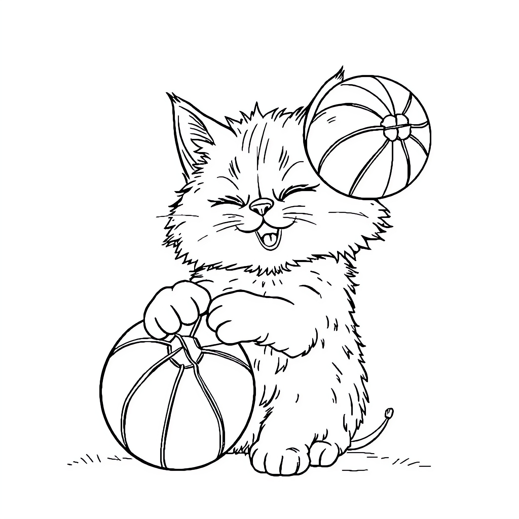 Cat playing with toys in the yard Coloring Page (free black-and-white line drawing printable PDF for all, from beginners to advanced learners, including children, teens, adults, and seniors)