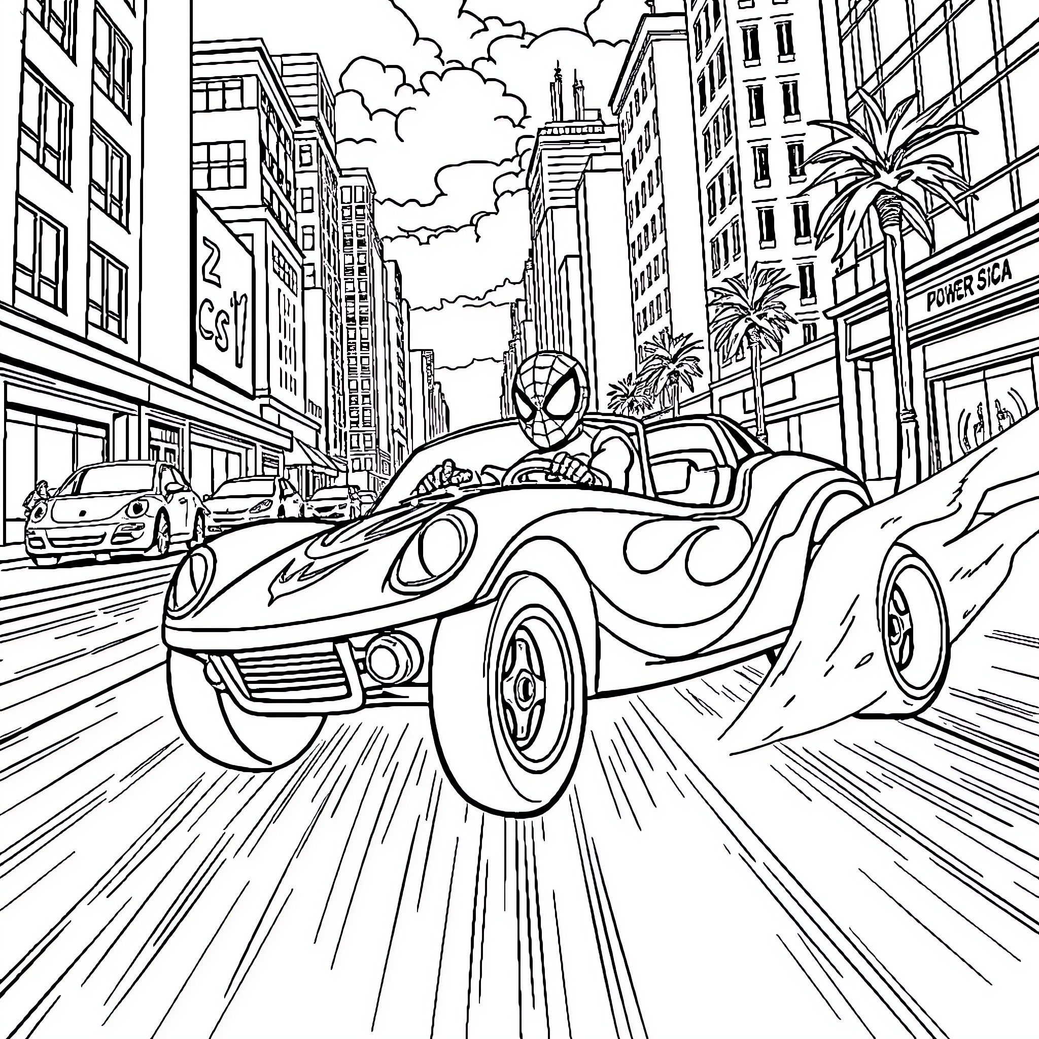 Spiderman speeds through the city in a flashy convertible Coloring Page (free black-and-white line drawing printable PDF for all, from beginners to advanced learners, including children, teens, adults, and seniors)