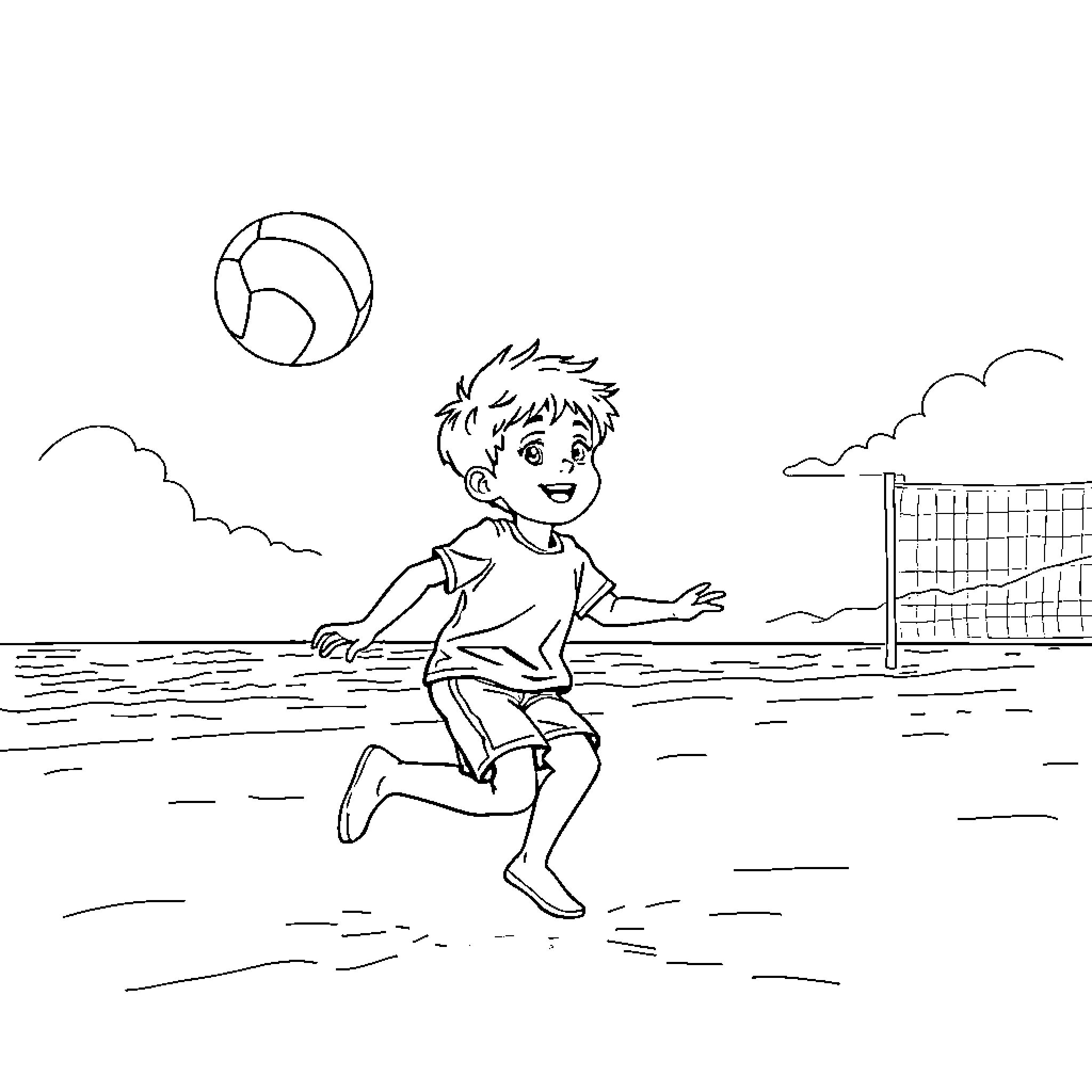 Child playing joyfully on the beach with a ball Coloring Page (free black-and-white line drawing printable PDF for all, from beginners to advanced learners, including children, teens, adults, and seniors)