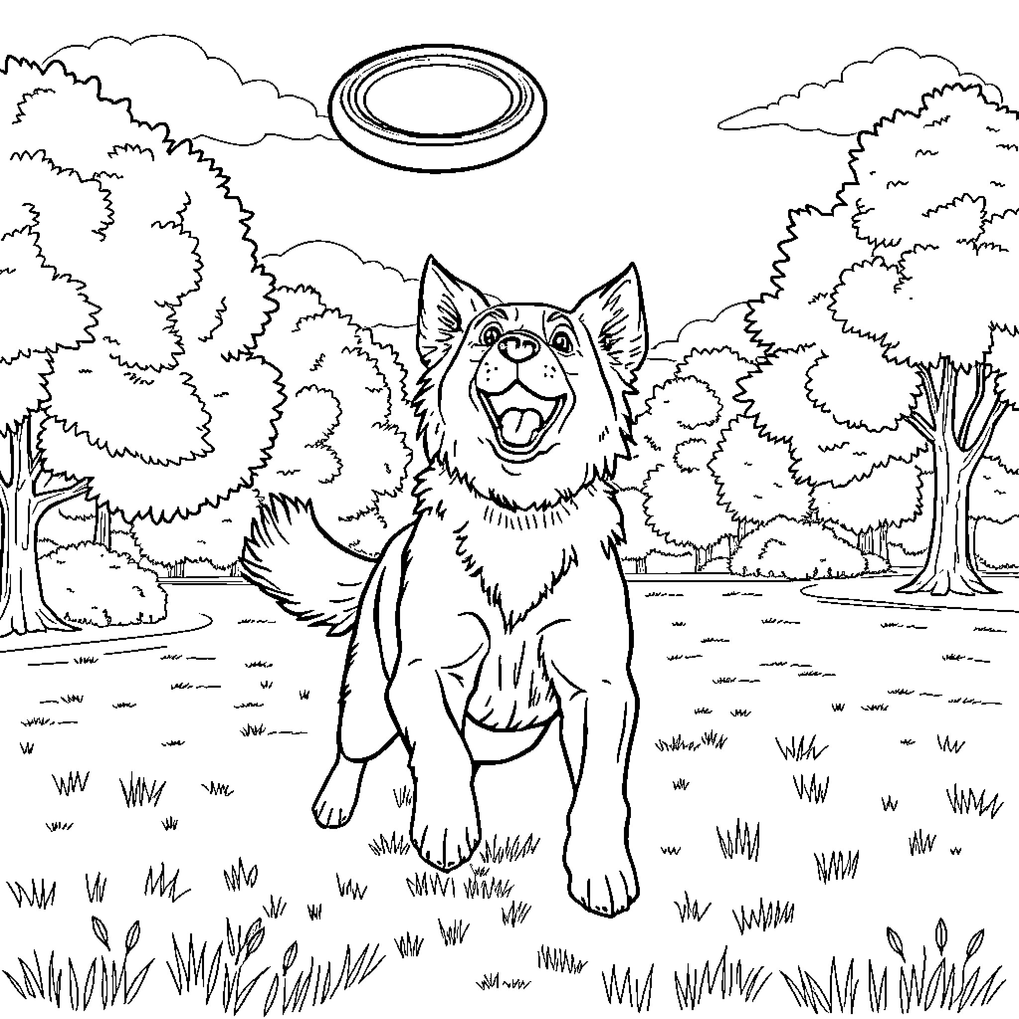 Dog joyfully playing in the forest Coloring Page (free black-and-white line drawing printable PDF for all, from beginners to advanced learners, including children, teens, adults, and seniors)