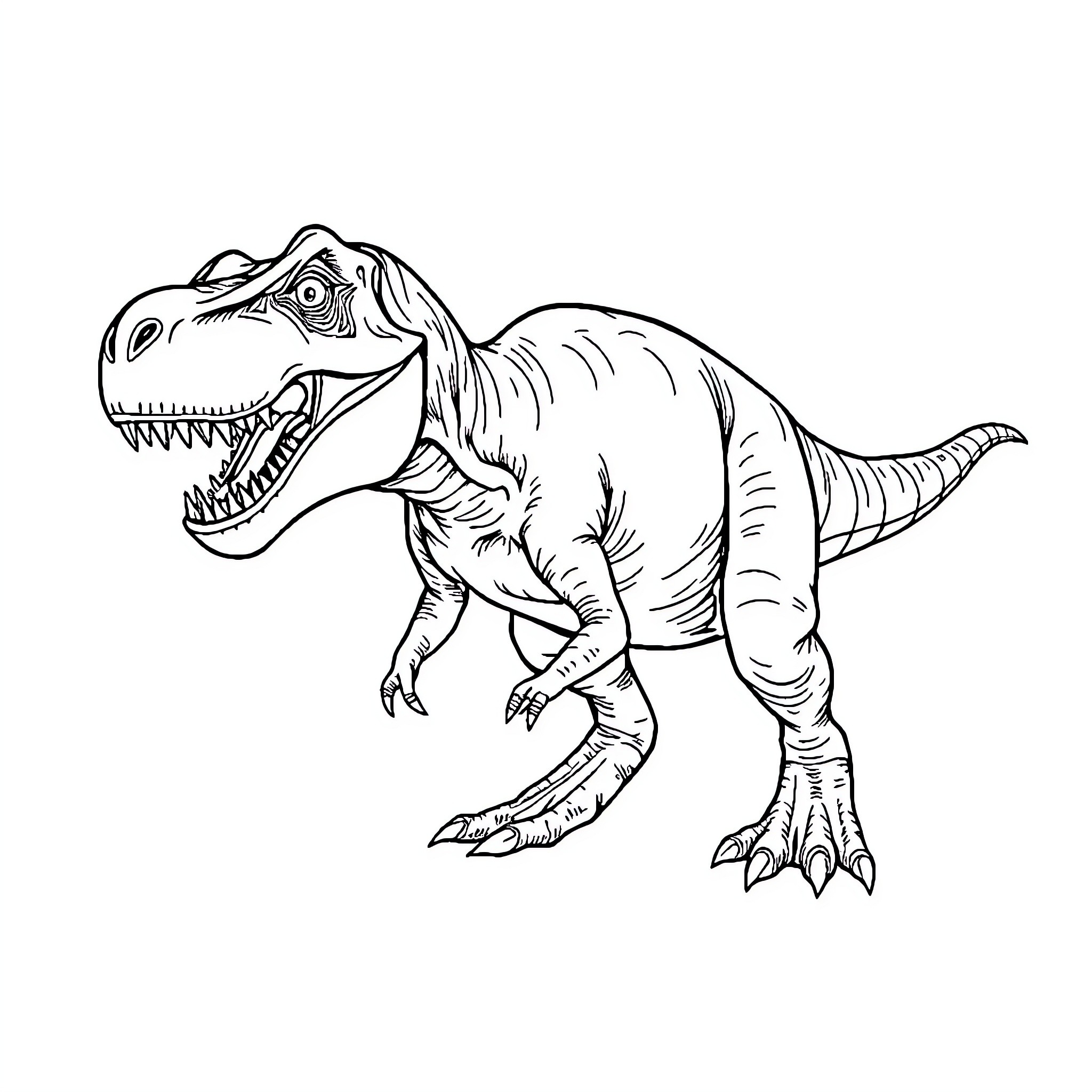 T-Rex Roaring Fiercely in Black and White Coloring Page (free black-and-white line drawing printable PDF for all, from beginners to advanced learners, including children, teens, adults, and seniors)