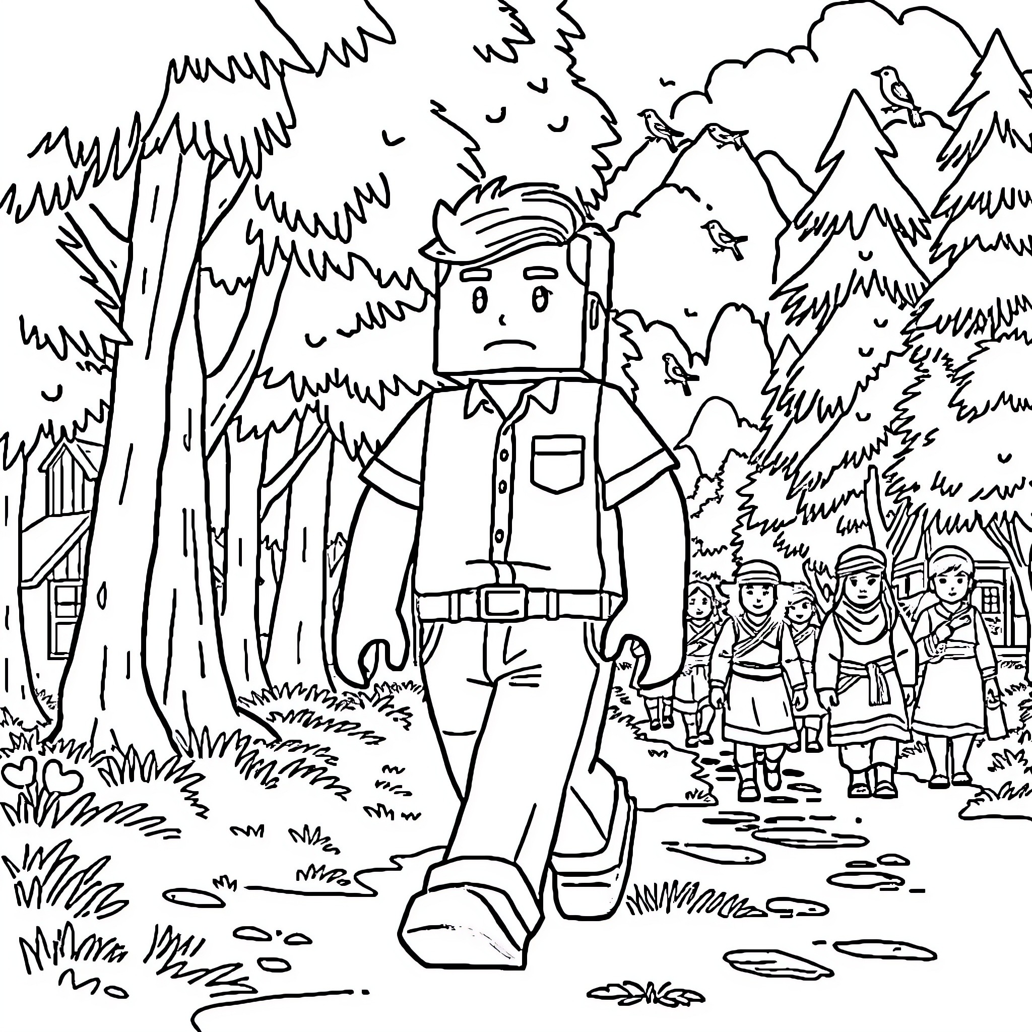 Steve's Outdoor Adventure with Friends Coloring Page (free black-and-white line drawing printable PDF for all, from beginners to advanced learners, including children, teens, adults, and seniors)