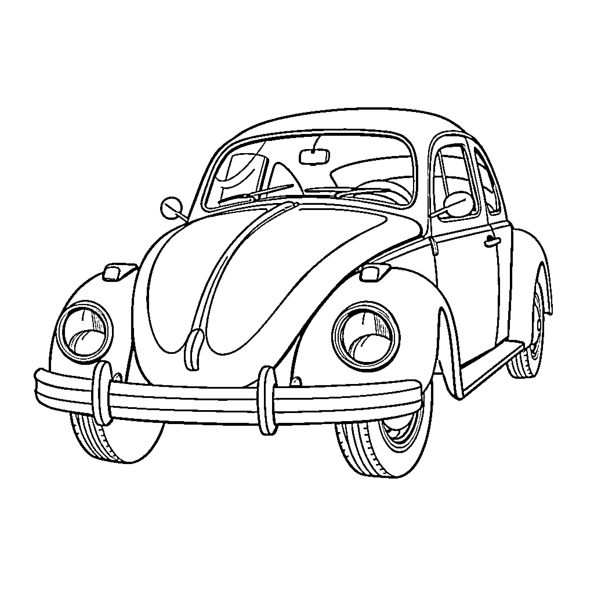 Beetle classic car in outline Coloring Page (free black-and-white line drawing printable PDF for all, from beginners to advanced learners, including children, teens, adults, and seniors)