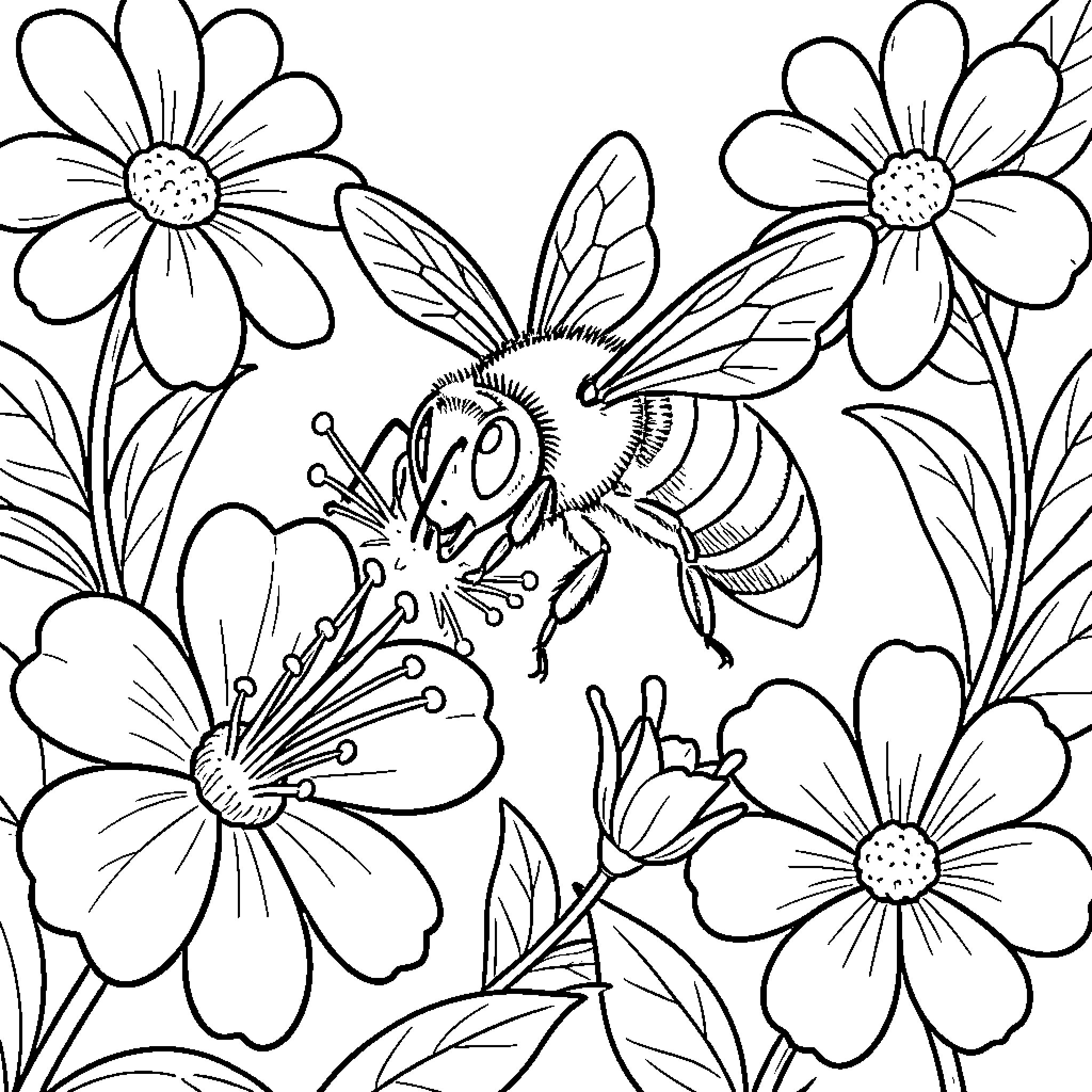 Bee exploring vibrant floral garden Coloring Page (free black-and-white line drawing printable PDF for all, from beginners to advanced learners, including children, teens, adults, and seniors)