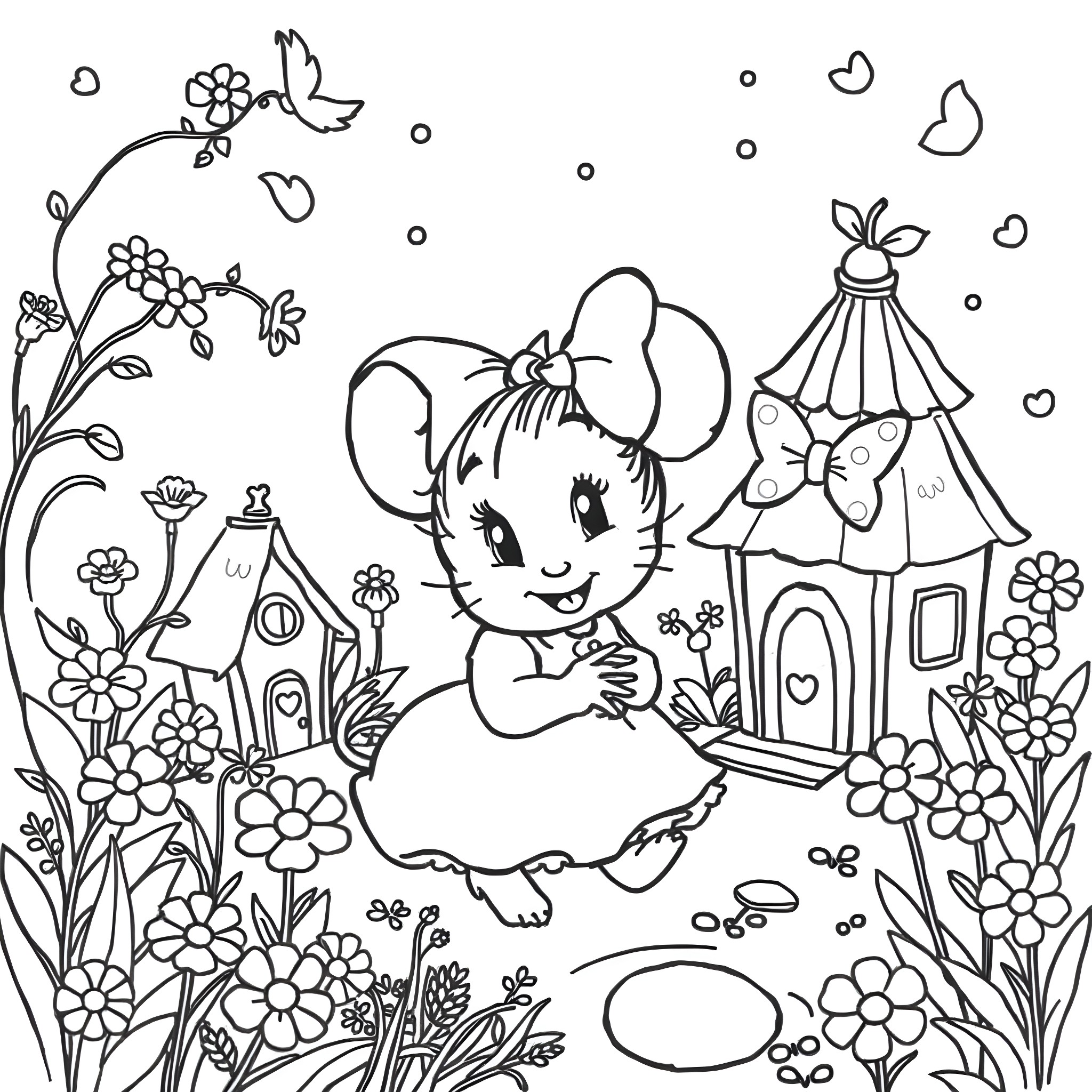 Minnie Mouse in a whimsical garden scene Coloring Page (free black-and-white line drawing printable PDF for all, from beginners to advanced learners, including children, teens, adults, and seniors)