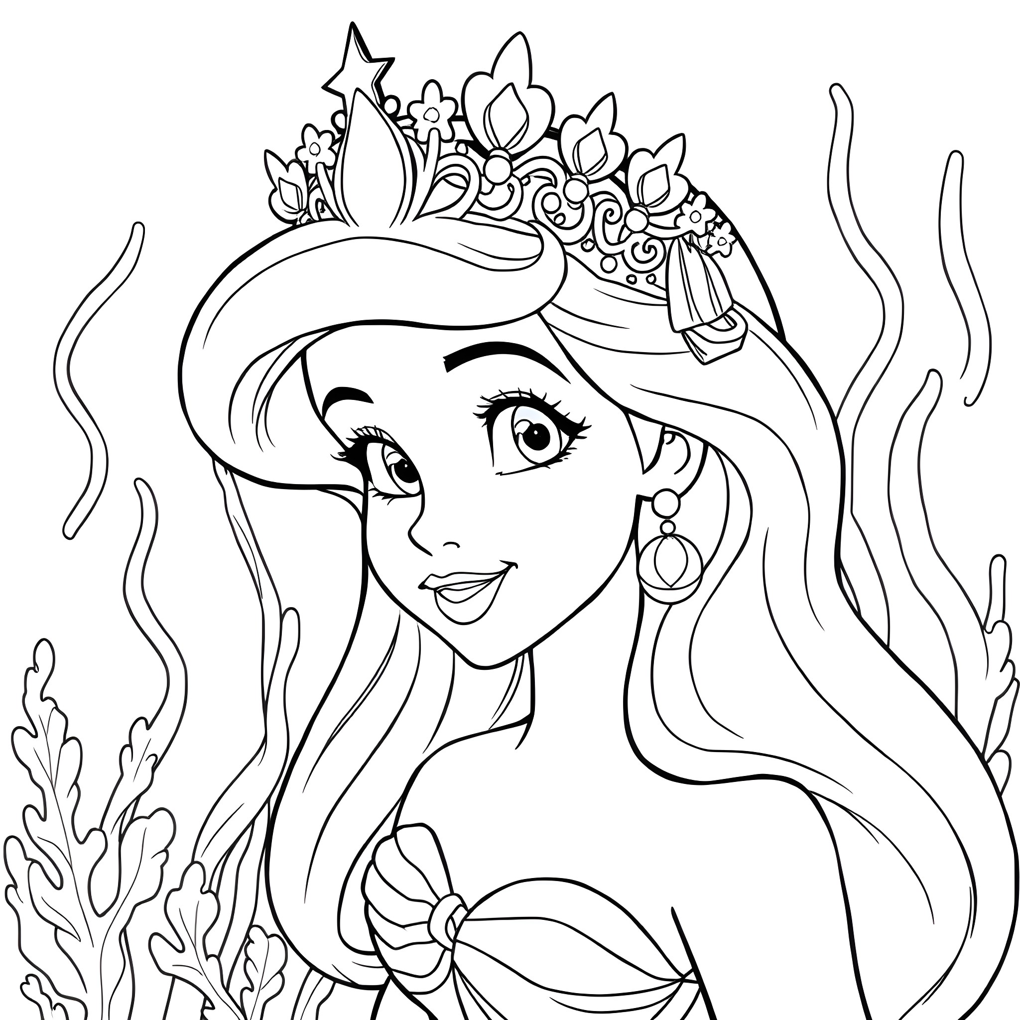 Ariel as a beautiful mermaid princess in the ocean Coloring Page (free black-and-white line drawing printable PDF for all, from beginners to advanced learners, including children, teens, adults, and seniors)