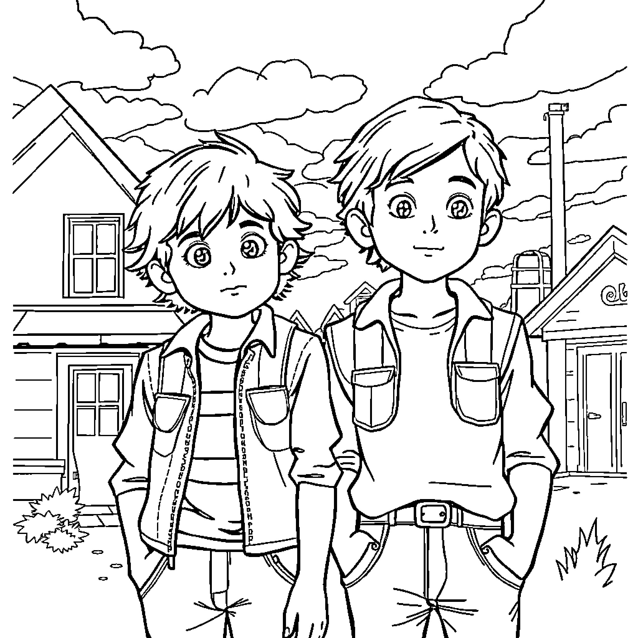 Stranger Things: Two boys exploring the neighborhood Coloring Page (free black-and-white line drawing printable PDF for all, from beginners to advanced learners, including children, teens, adults, and seniors)