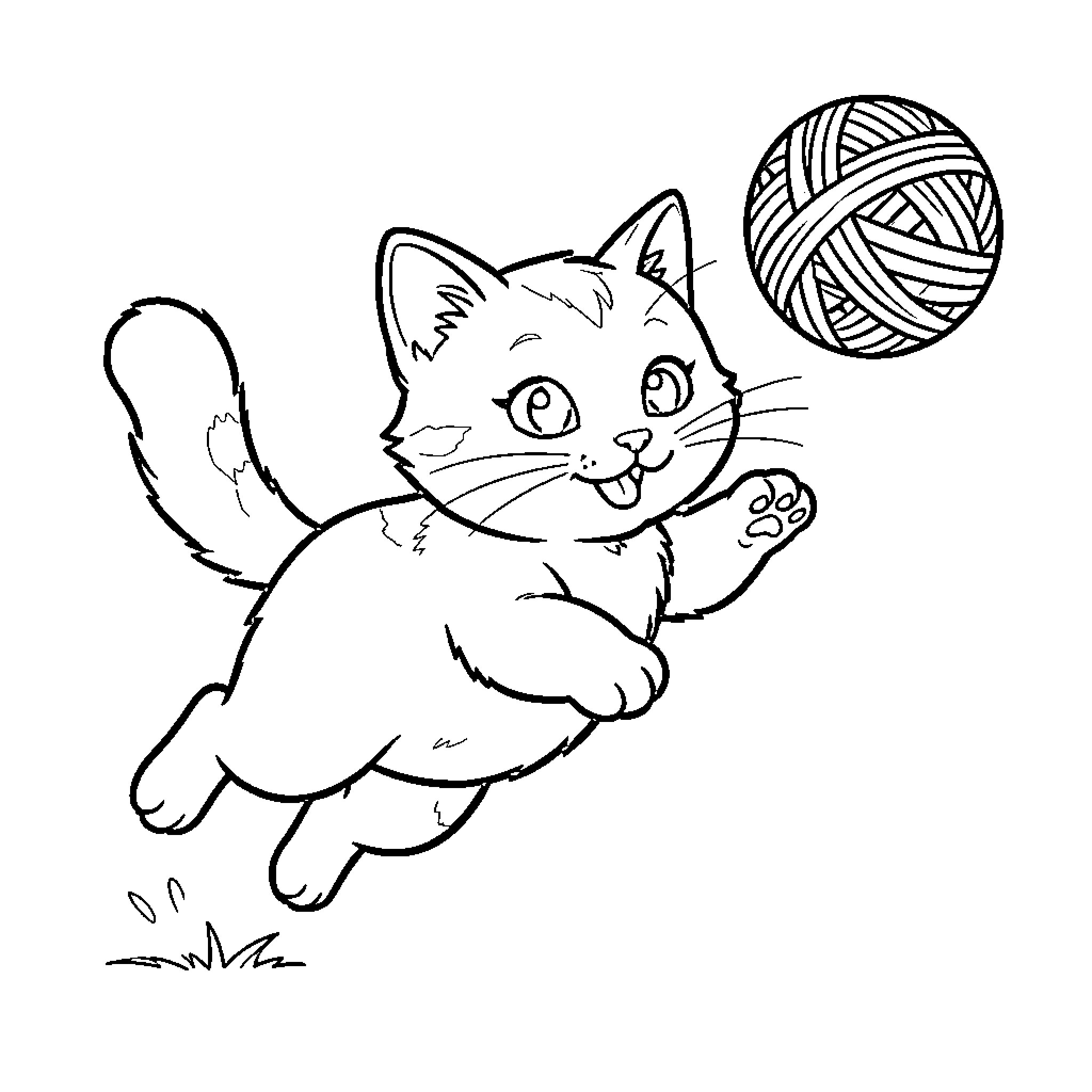 Gato playing with playful yarn ball Coloring Page (free black-and-white line drawing printable PDF for all, from beginners to advanced learners, including children, teens, adults, and seniors)