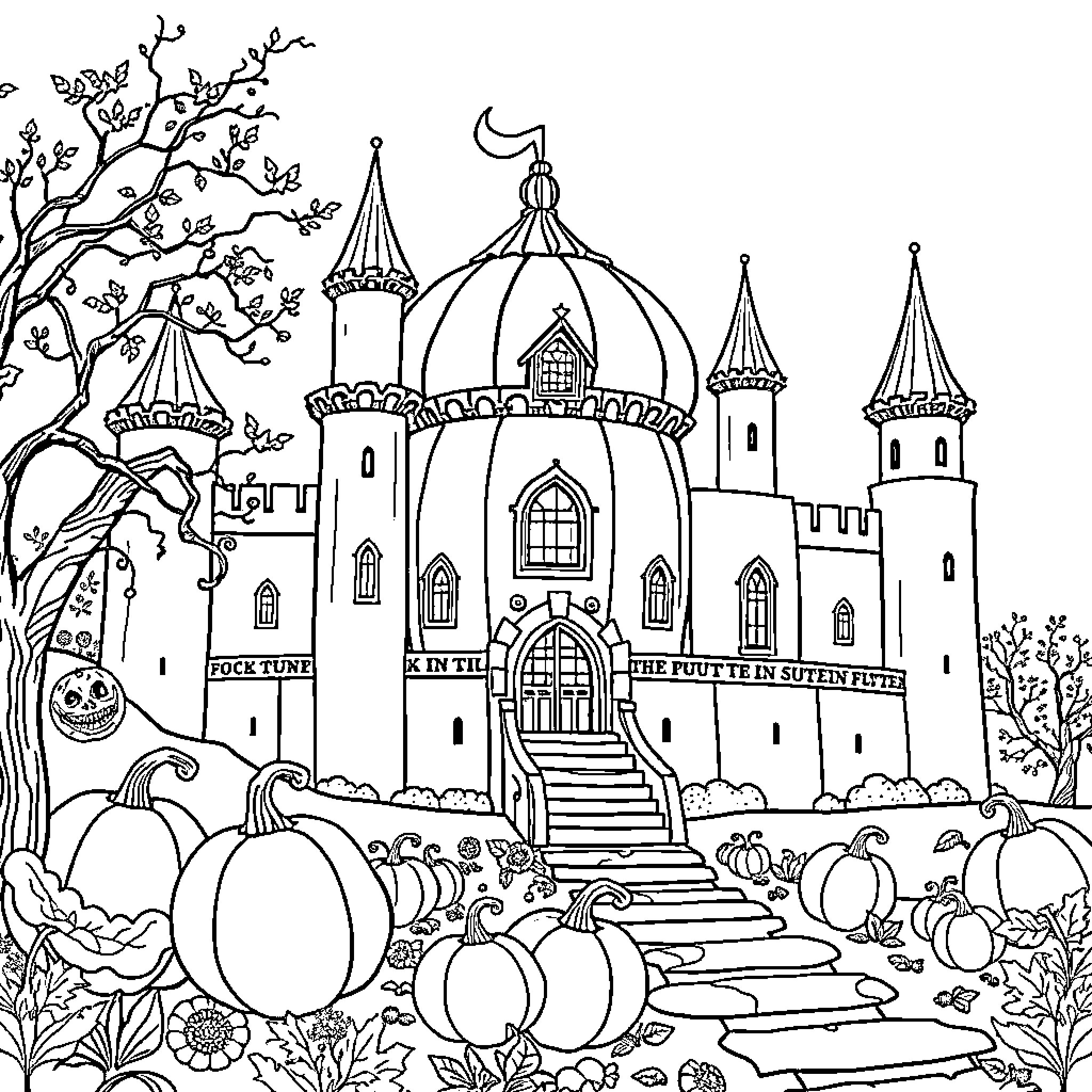 Pumpkin castle with intricate architecture and foliage Coloring Page (free black-and-white line drawing printable PDF for all, from beginners to advanced learners, including children, teens, adults, and seniors)