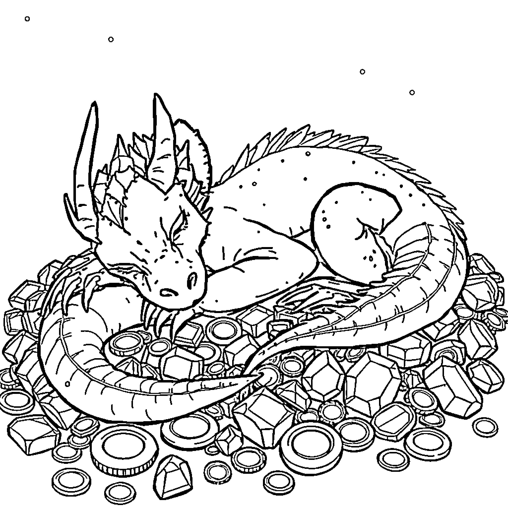 Dragon curled up on a hoard of gemstones Coloring Page (free black-and-white line drawing printable PDF for all, from beginners to advanced learners, including children, teens, adults, and seniors)