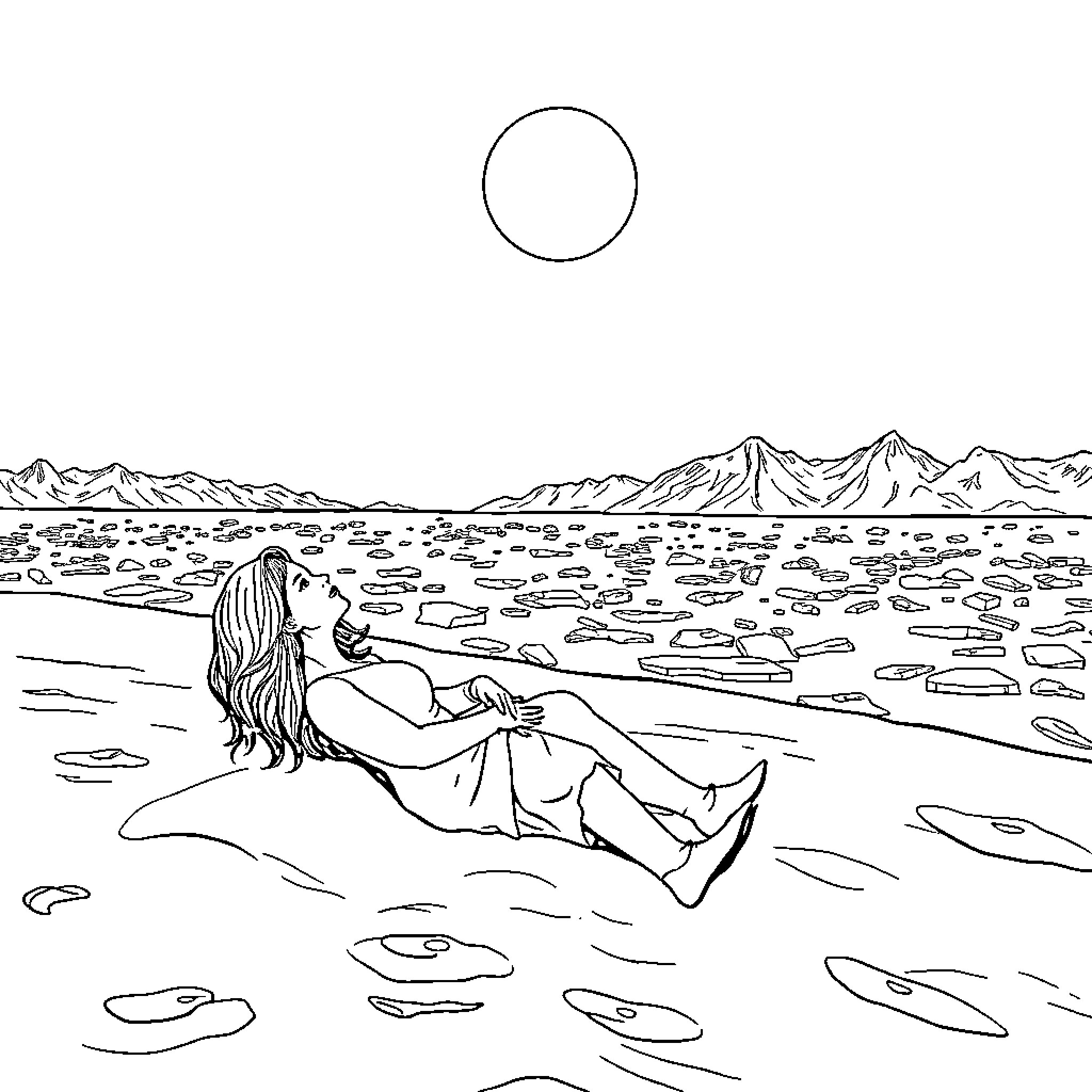 Woman relaxing peacefully in scenic mountain landscape Coloring Page (free black-and-white line drawing printable PDF for all, from beginners to advanced learners, including children, teens, adults, and seniors)