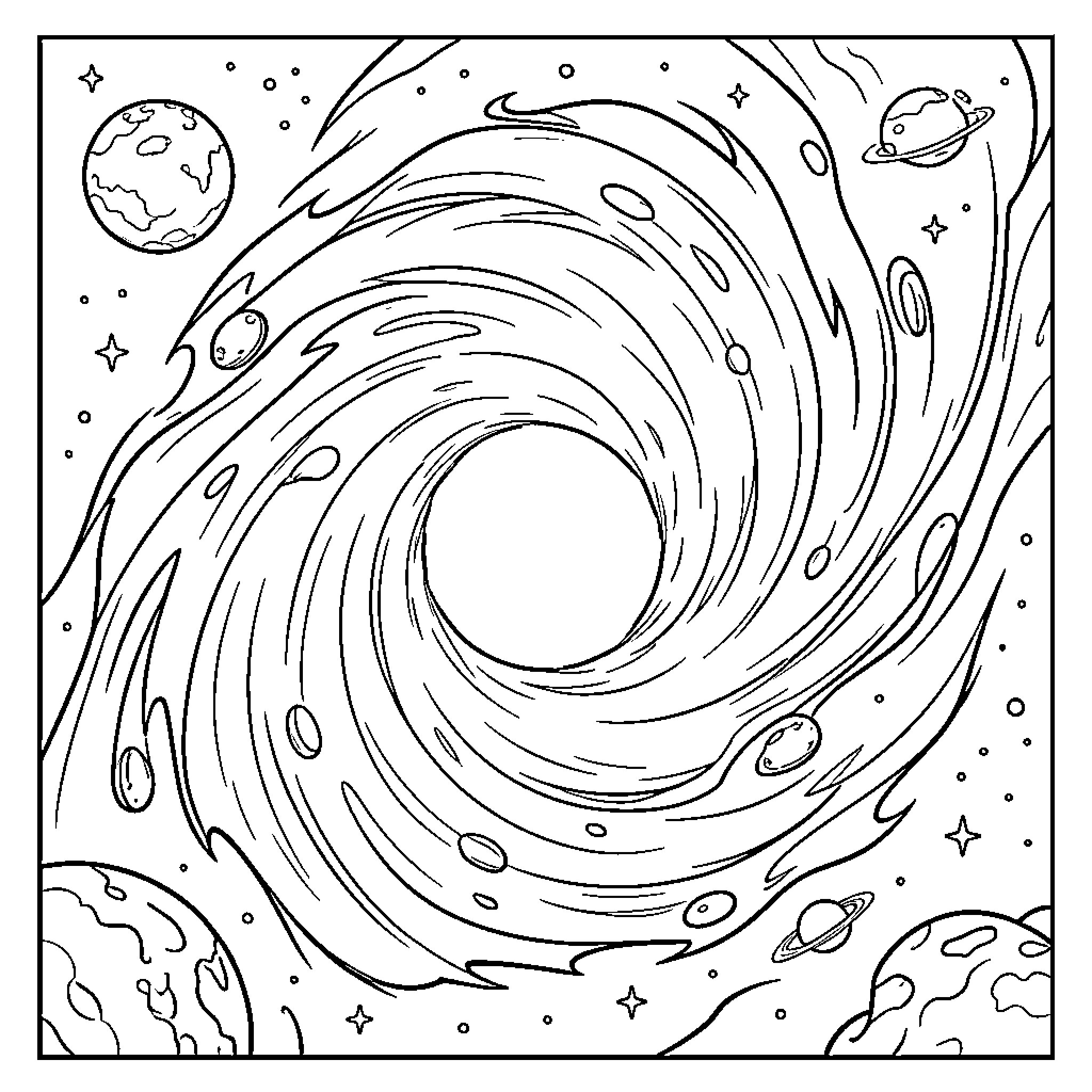 Black Hole swirling amidst various planets in space Coloring Page (free black-and-white line drawing printable PDF for all, from beginners to advanced learners, including children, teens, adults, and seniors)