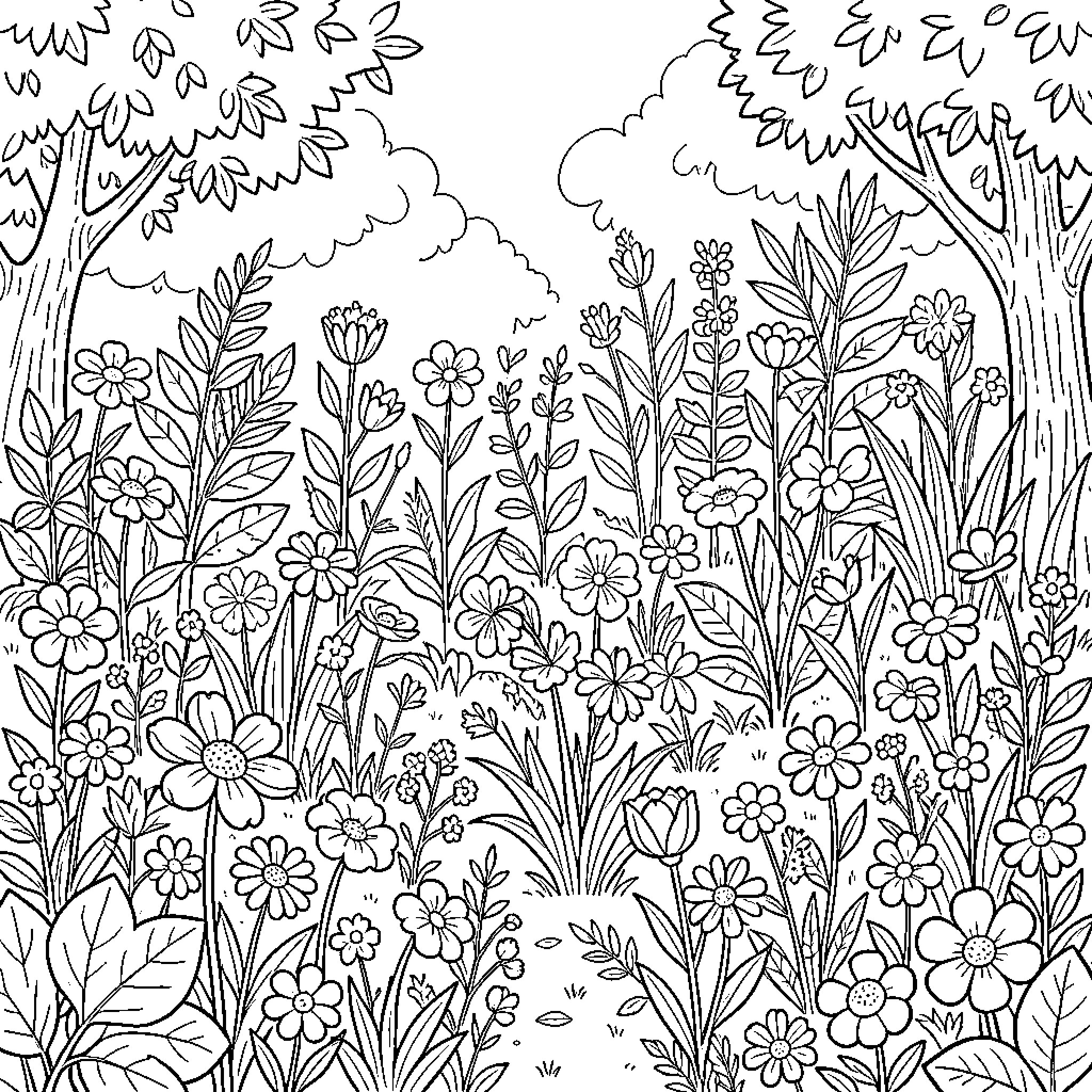 Garden filled with various blooming wildflowers and tall plants Coloring Page (free black-and-white line drawing printable PDF for all, from beginners to advanced learners, including children, teens, adults, and seniors)