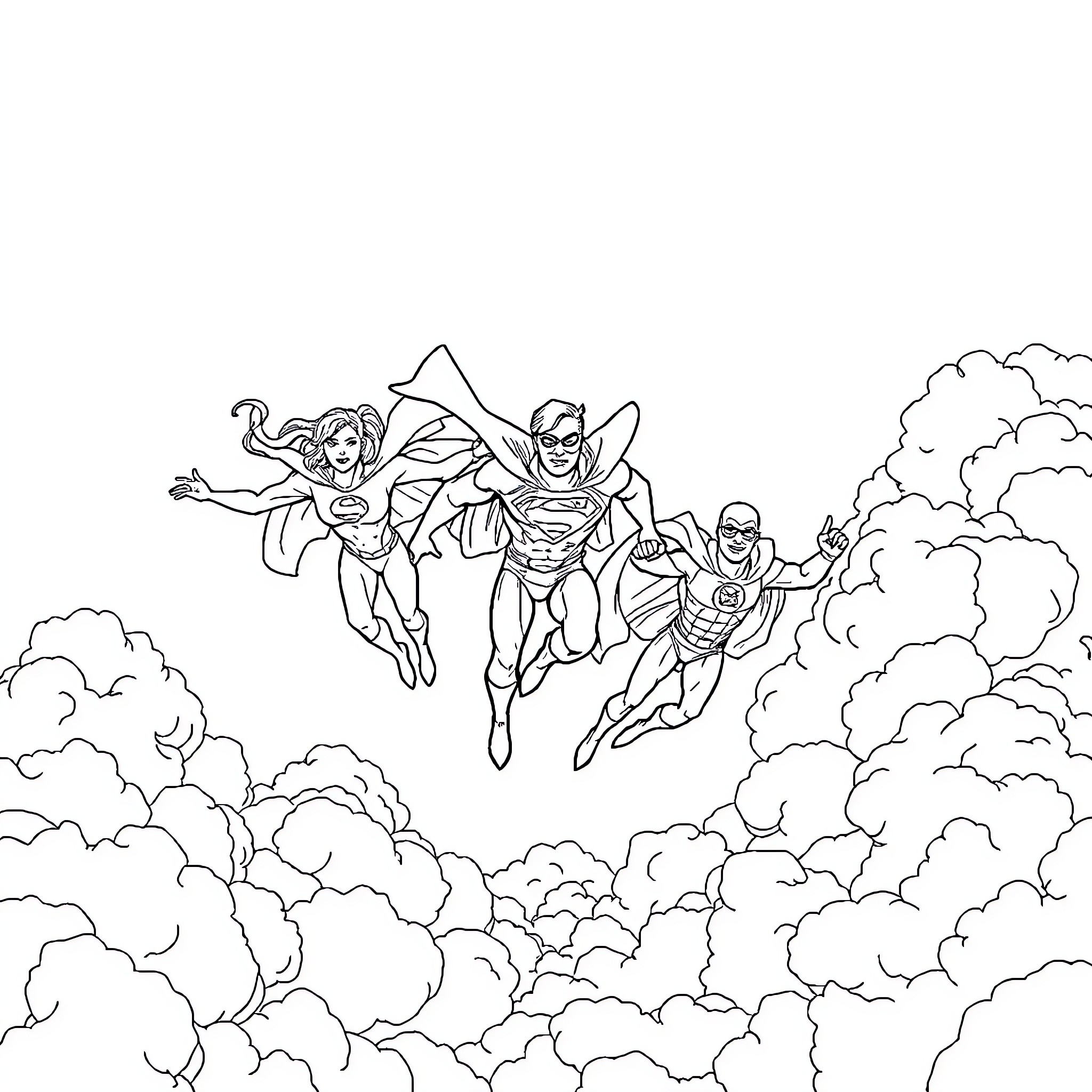 Superheroes soaring through the cloudy sky Coloring Page (free black-and-white line drawing printable PDF for all, from beginners to advanced learners, including children, teens, adults, and seniors)