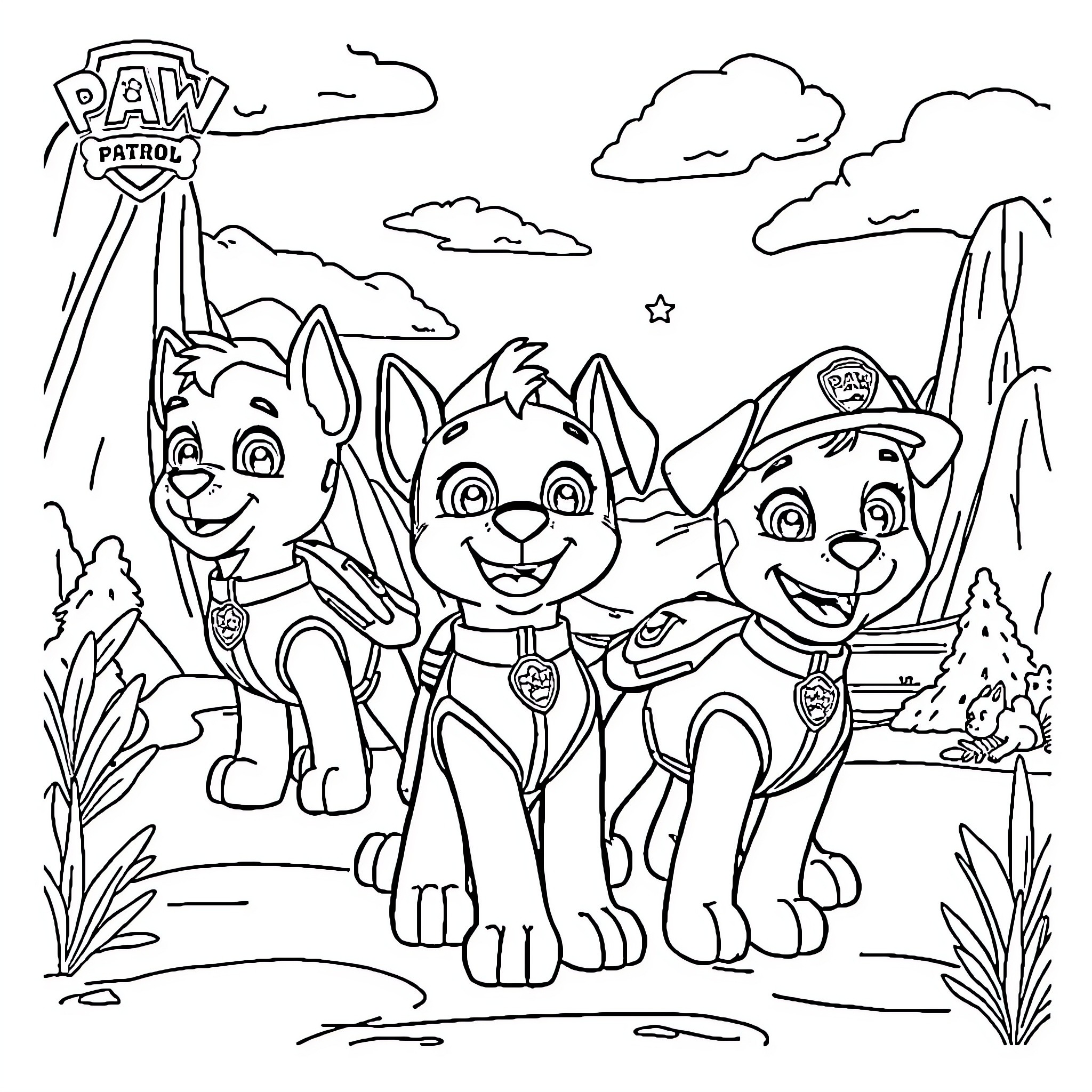 Paw Patrol Puppies on an Adventure Coloring Page (free black-and-white line drawing printable PDF for all, from beginners to advanced learners, including children, teens, adults, and seniors)