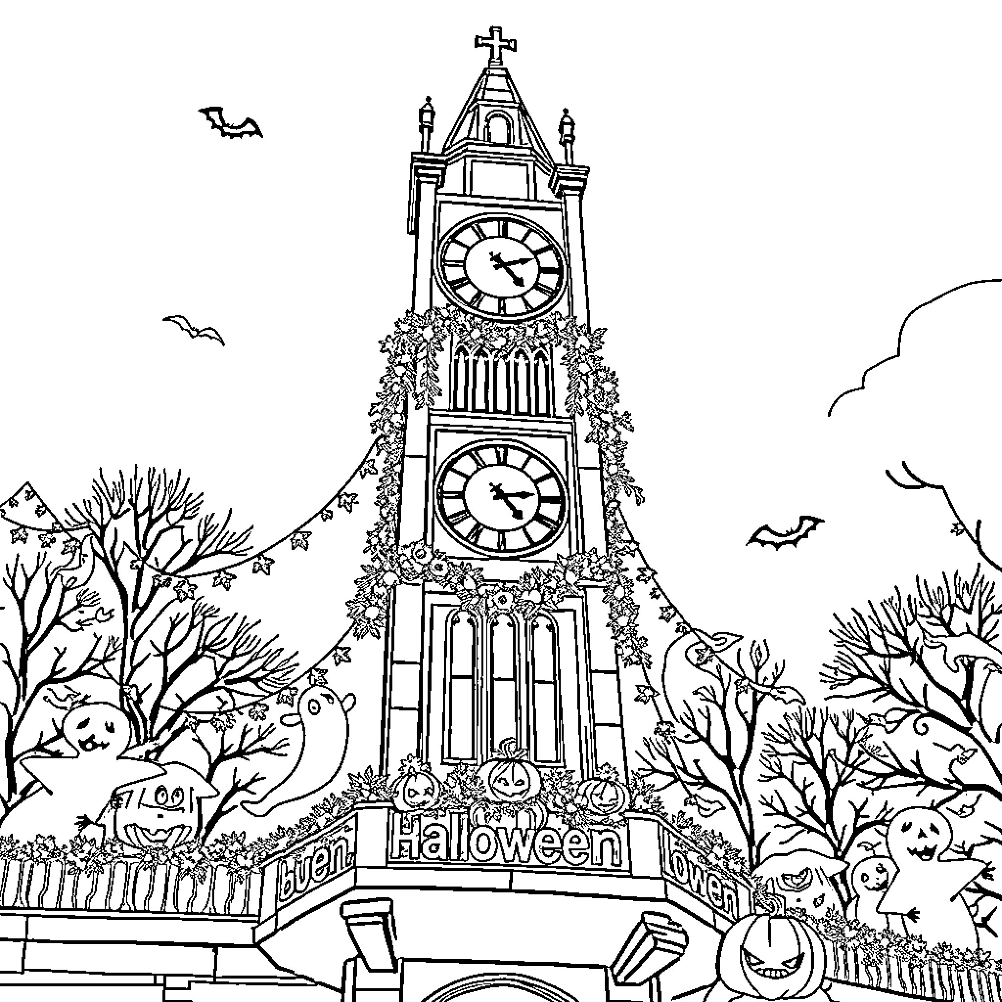 Clock Tower of Halloween Festivities Coloring Page (free black-and-white line drawing printable PDF for all, from beginners to advanced learners, including children, teens, adults, and seniors)