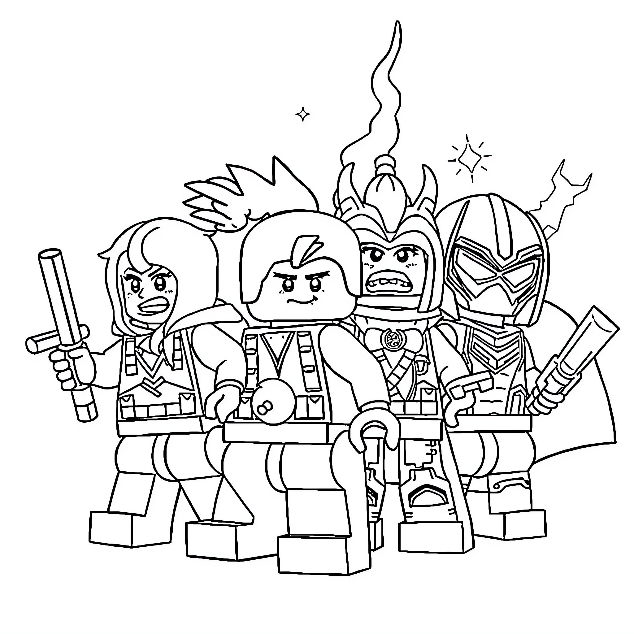 Lego characters in action poses Coloring Page (free black-and-white line drawing printable PDF for all, from beginners to advanced learners, including children, teens, adults, and seniors)