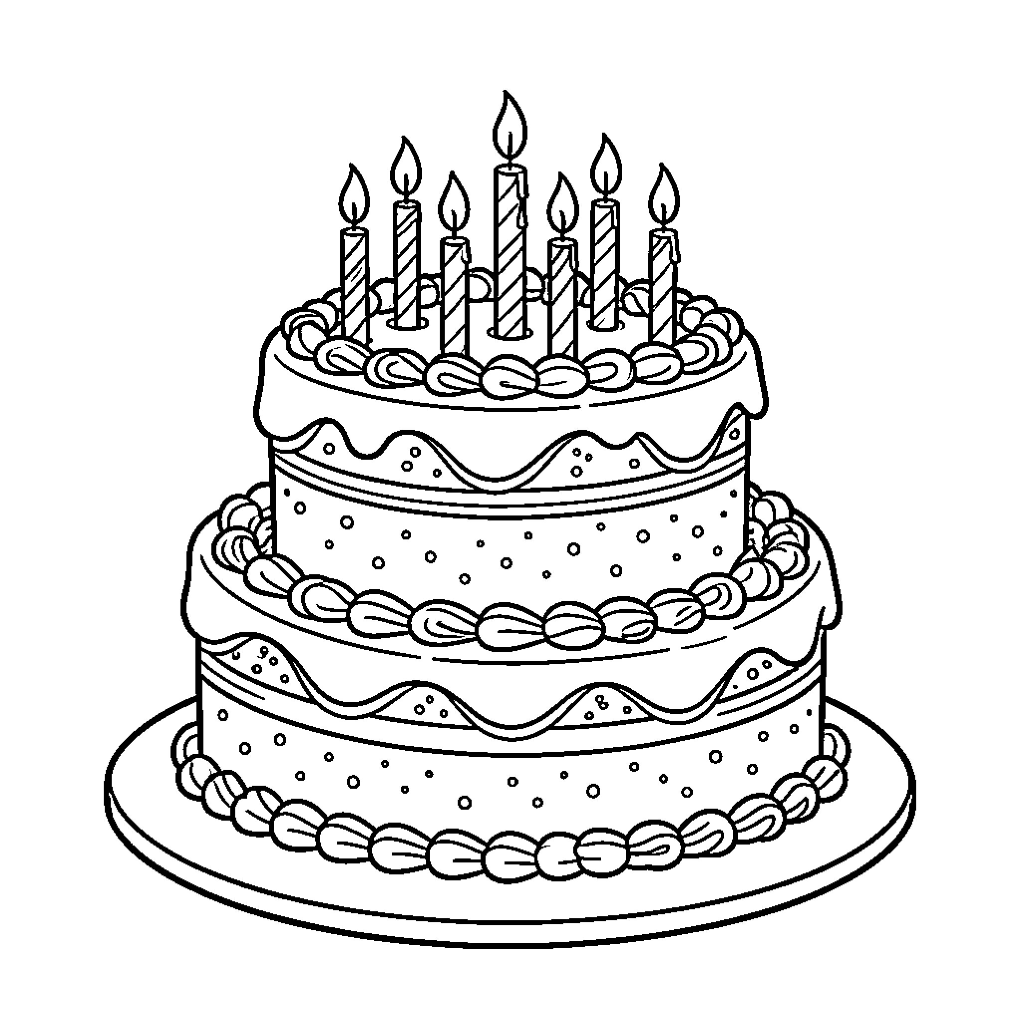 Birthday Cake with lit candles on a stand Coloring Page (free black-and-white line drawing printable PDF for all, from beginners to advanced learners, including children, teens, adults, and seniors)