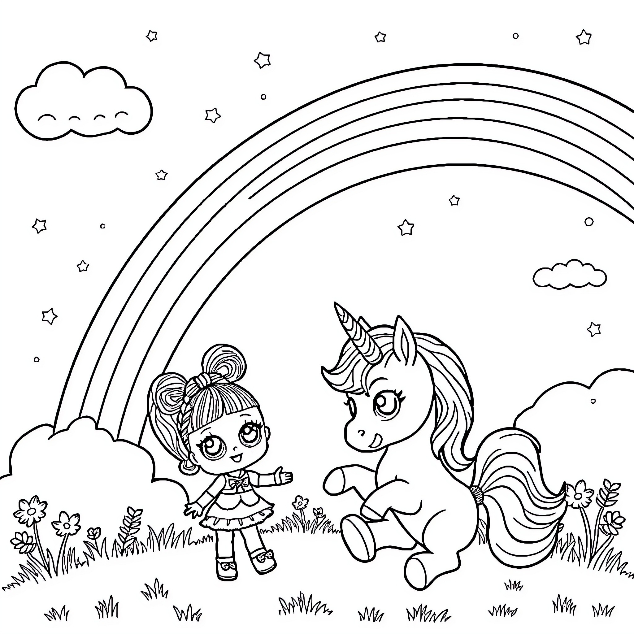 Rainbow Playtime with Unicorn and Girl Coloring Page (free black-and-white line drawing printable PDF for all, from beginners to advanced learners, including children, teens, adults, and seniors)