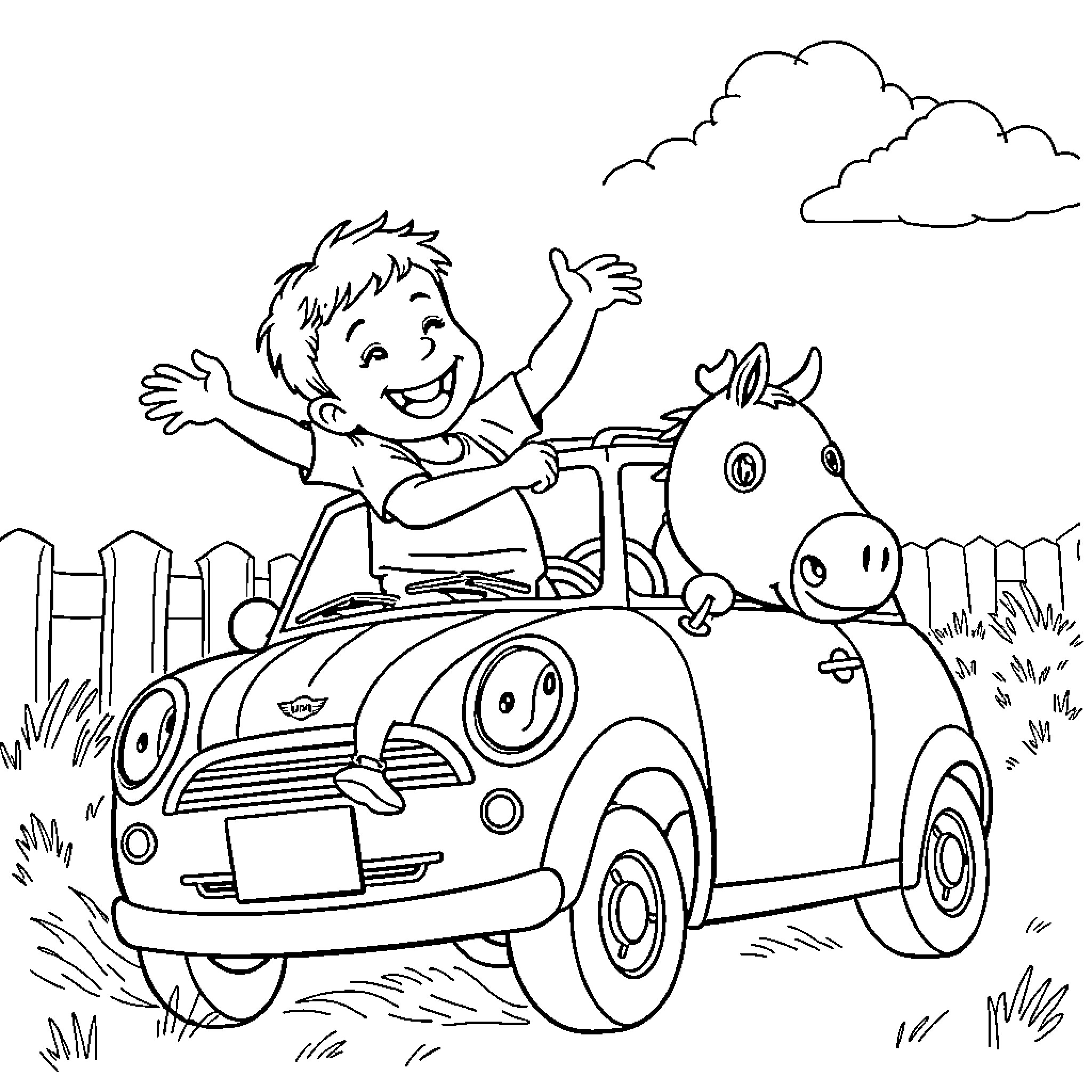 Boy joyfully driving toy car with pet horse Coloring Page (free black-and-white line drawing printable PDF for all, from beginners to advanced learners, including children, teens, adults, and seniors)