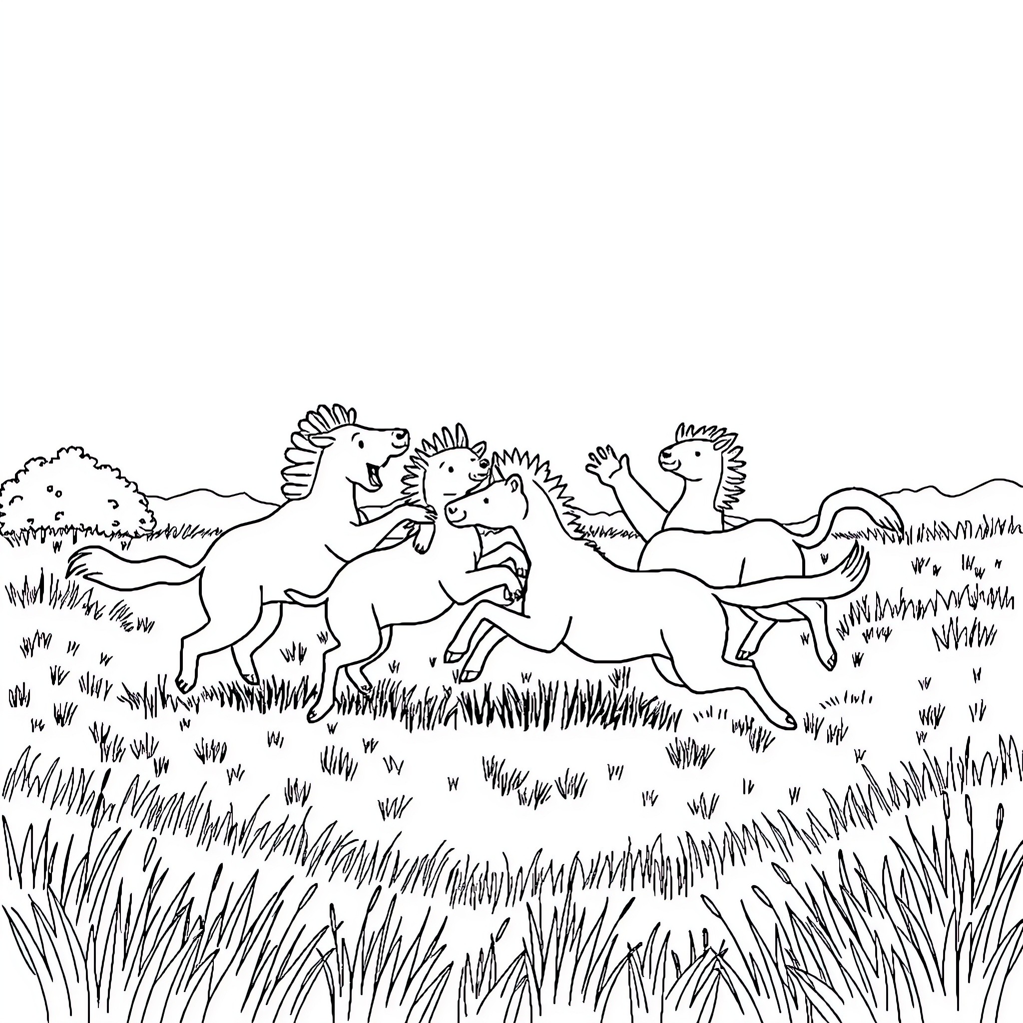 Animal friends exploring the outdoors Coloring Page (free black-and-white line drawing printable PDF for all, from beginners to advanced learners, including children, teens, adults, and seniors)
