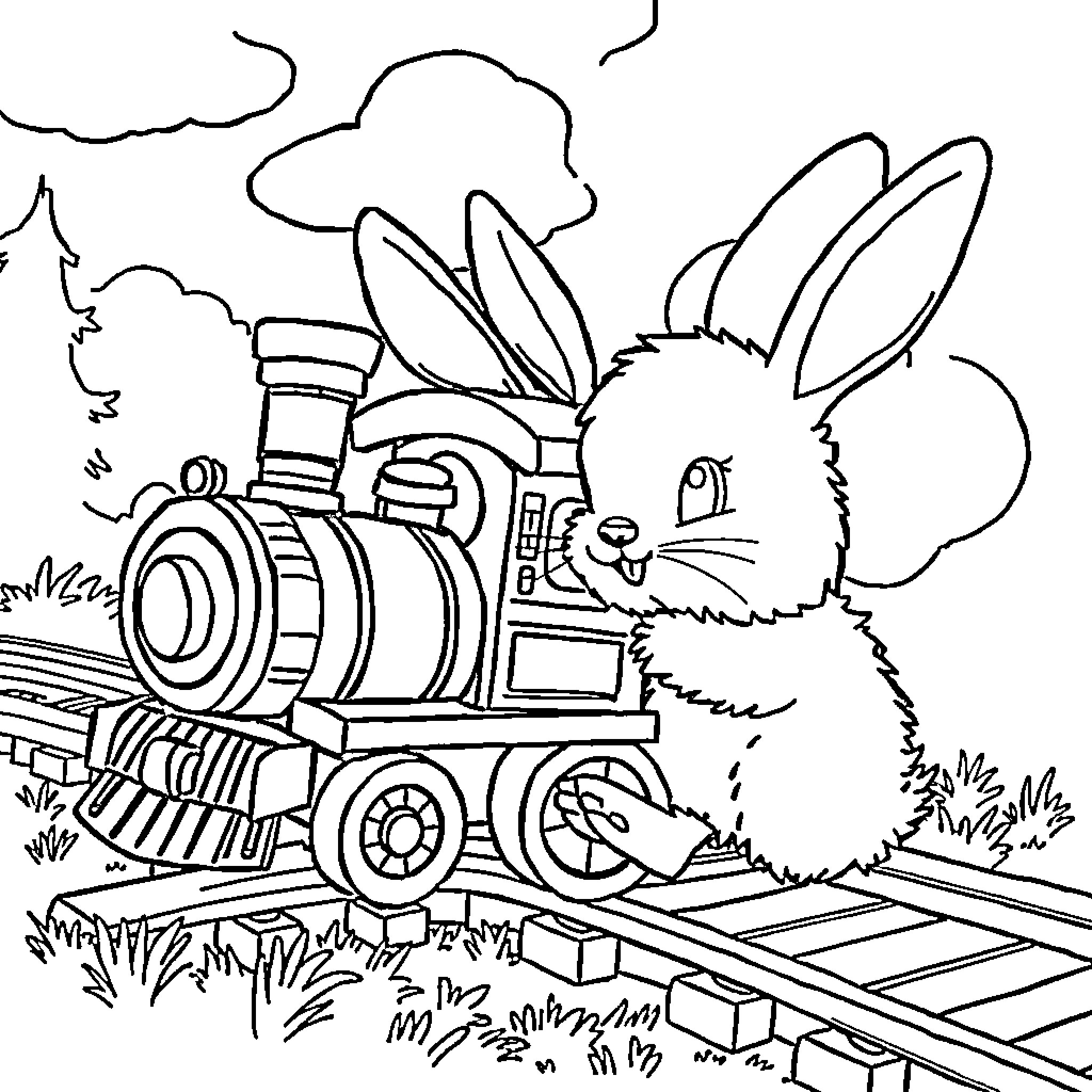 Rabbit riding a toy train through the countryside Coloring Page (free black-and-white line drawing printable PDF for all, from beginners to advanced learners, including children, teens, adults, and seniors)