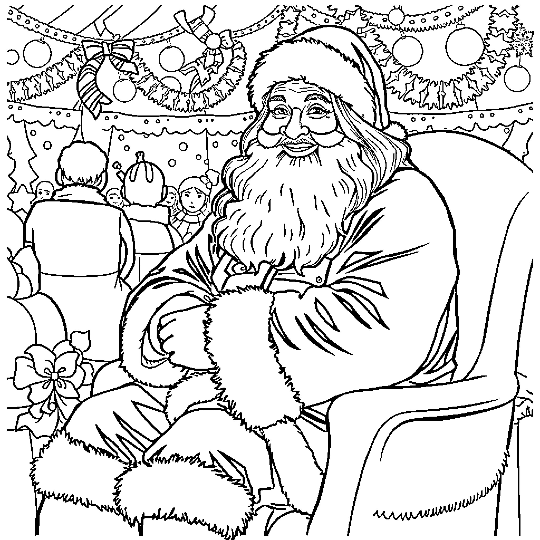 Woman in Santa Claus costume celebrating Christmas Coloring Page (free black-and-white line drawing printable PDF for all, from beginners to advanced learners, including children, teens, adults, and seniors)