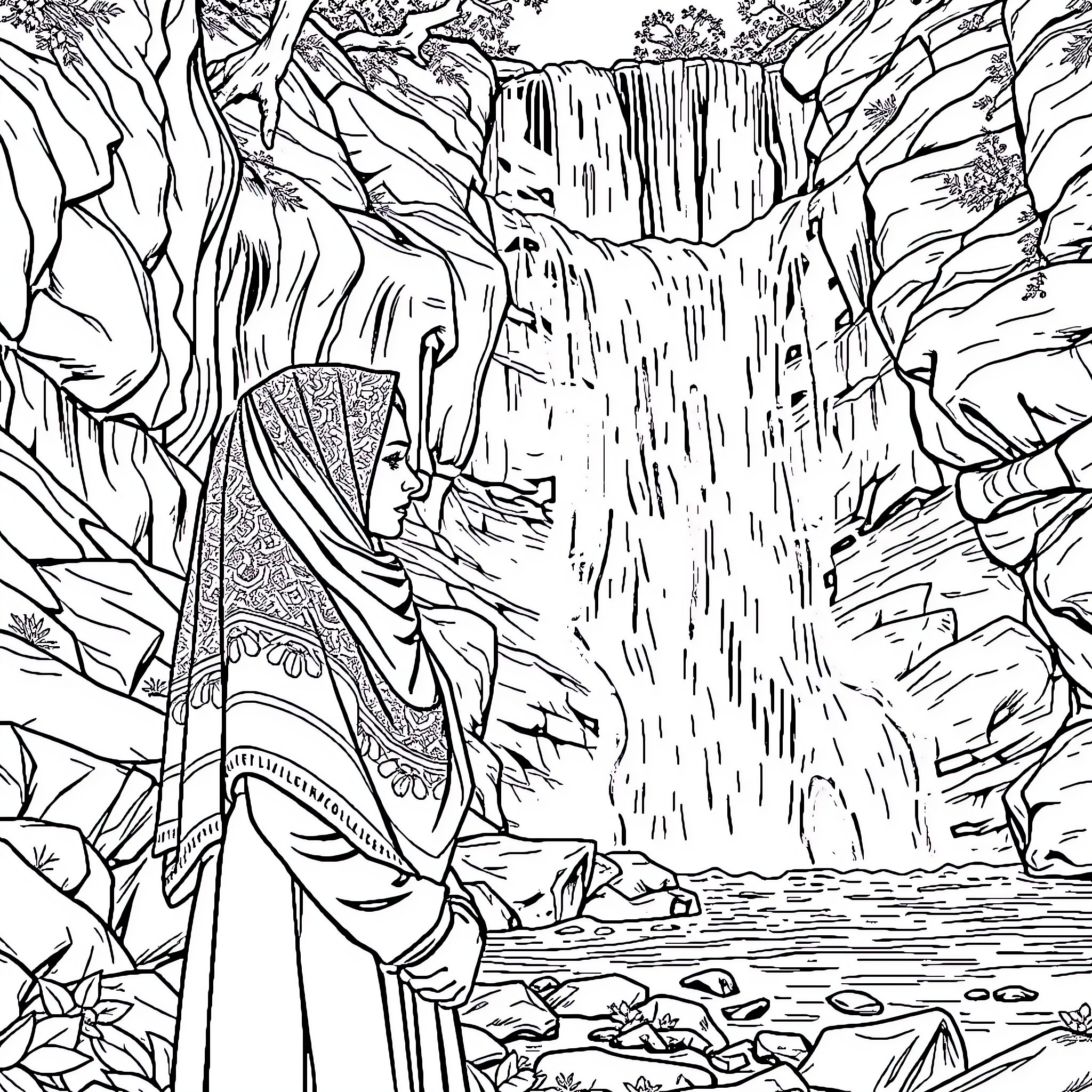 Woman admiring a majestic waterfall in nature Coloring Page (free black-and-white line drawing printable PDF for all, from beginners to advanced learners, including children, teens, adults, and seniors)