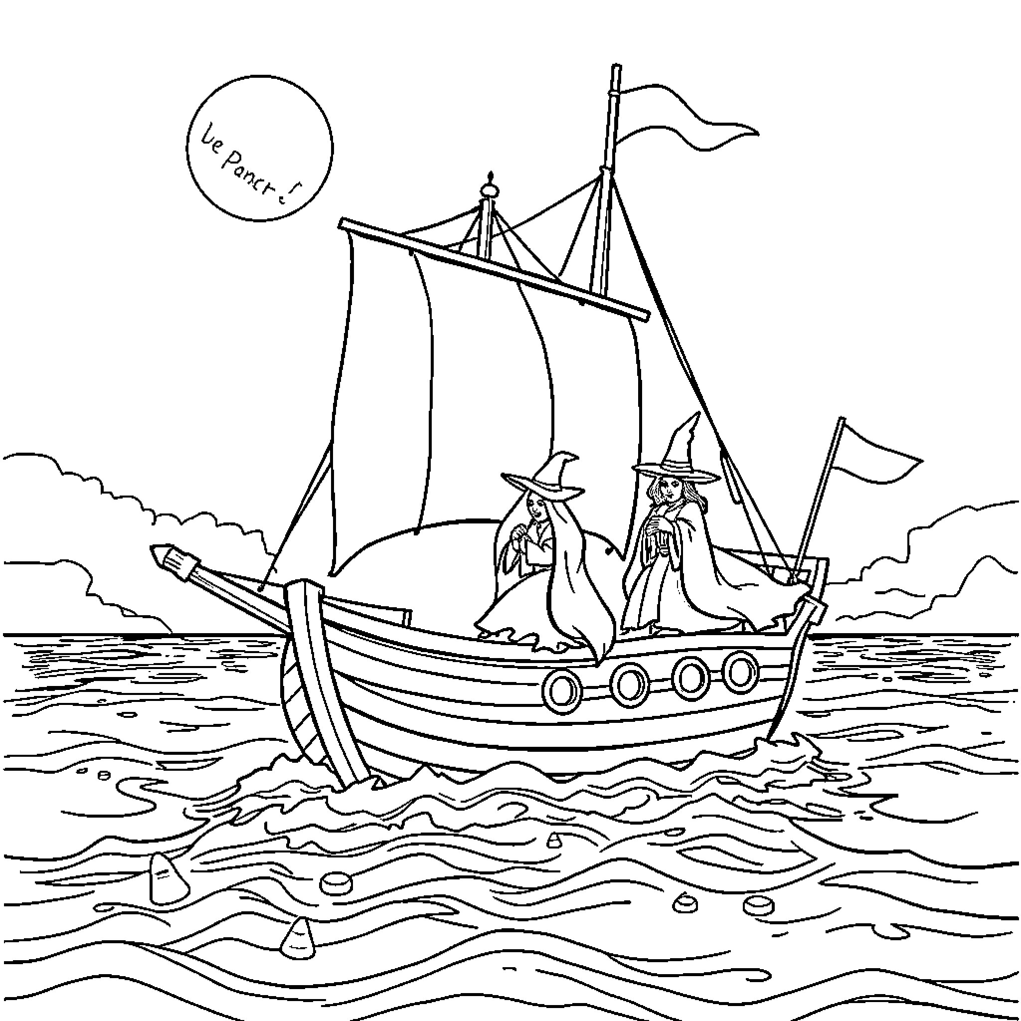 Pirate Ship Sailing on Stormy Seas Coloring Page (free black-and-white line drawing printable PDF for all, from beginners to advanced learners, including children, teens, adults, and seniors)