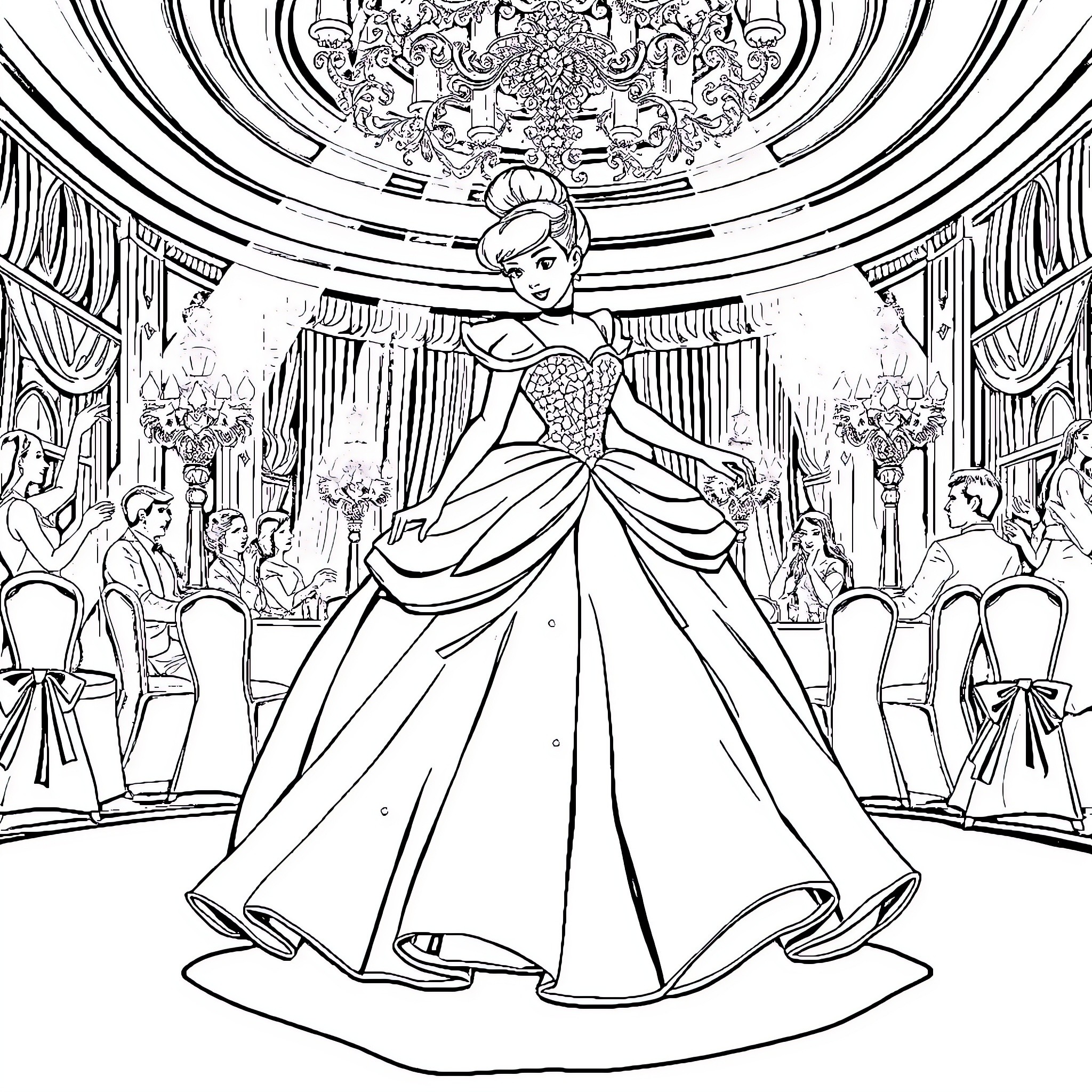 Cinderella's Enchanting Ball Gown Debut Coloring Page (free black-and-white line drawing printable PDF for all, from beginners to advanced learners, including children, teens, adults, and seniors)