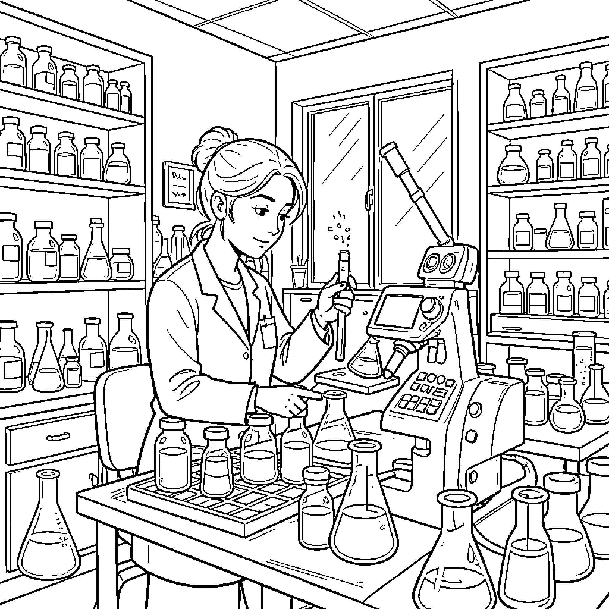 Scientist working diligently in a well-equipped laboratory Coloring Page (free black-and-white line drawing printable PDF for all, from beginners to advanced learners, including children, teens, adults, and seniors)